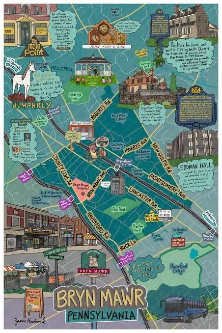 Map of Bryn Mawr, Pennsylvania showing local landmarks, streets, parks, and points of interest including the Bryn Mawr train station, Erdmans Hall, and various buildings, parks, and streets in the area.