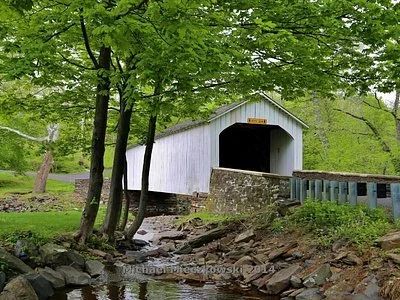 A white covered bridge over a small stream surrounded by green trees and grass.