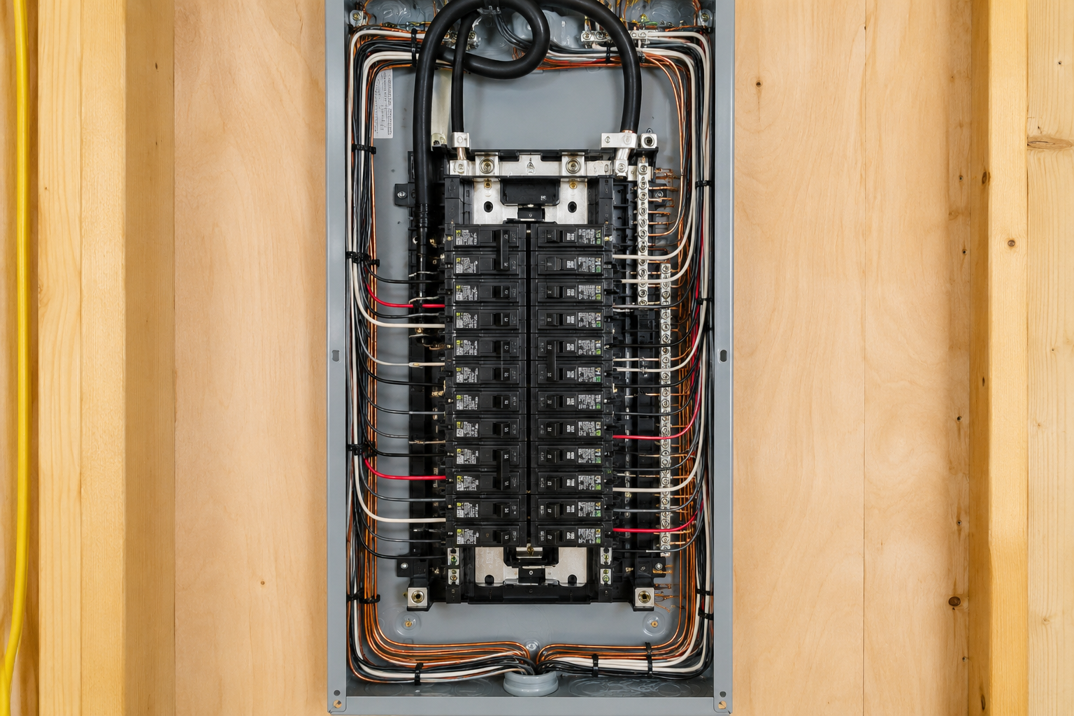 Electrical breaker box with multiple circuit breakers and wiring, installed in a wooden wall.