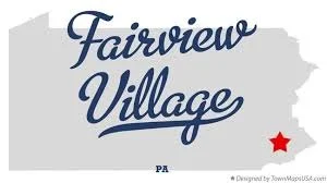 Text logo reading 'Fairview Village' with a black outline of the state of Pennsylvania and a red star marking a location.