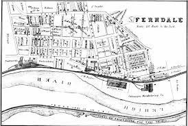 A historical map of Ferndale showing streets, property boundaries, and the nearby river.