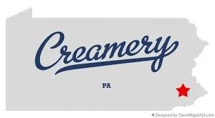 Illustration of the state of Pennsylvania with the word 'Creamery' in cursive and a red star indicating its location.