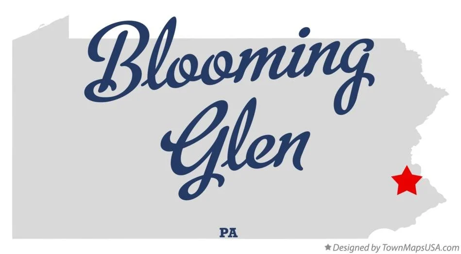 Map outline of Pennsylvania with the text 'Blooming Glen' in large blue script font and a red star indicating a location in the southeastern part of the state.