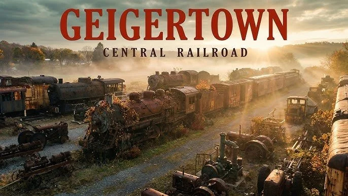 An old railroad yard with numerous rusted and abandoned steam locomotives and train cars, surrounded by overgrown vegetation and mist, with a sunset sky in the background. The image includes the text 'GEIGERTOWN CENTRAL RAILROAD' at the top.