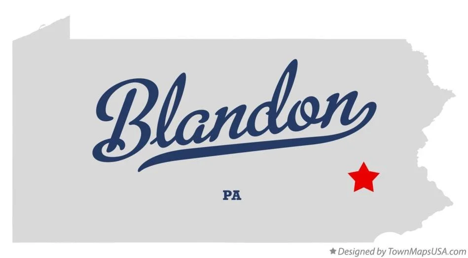 Map of Pennsylvania with the word 'Blandon' and a red star indicating the location.
