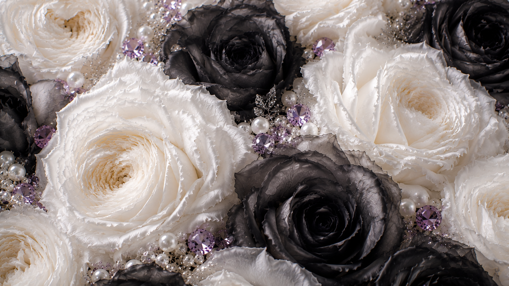 Arrangement of black and white roses with pearls and purple gemstones scattered around.