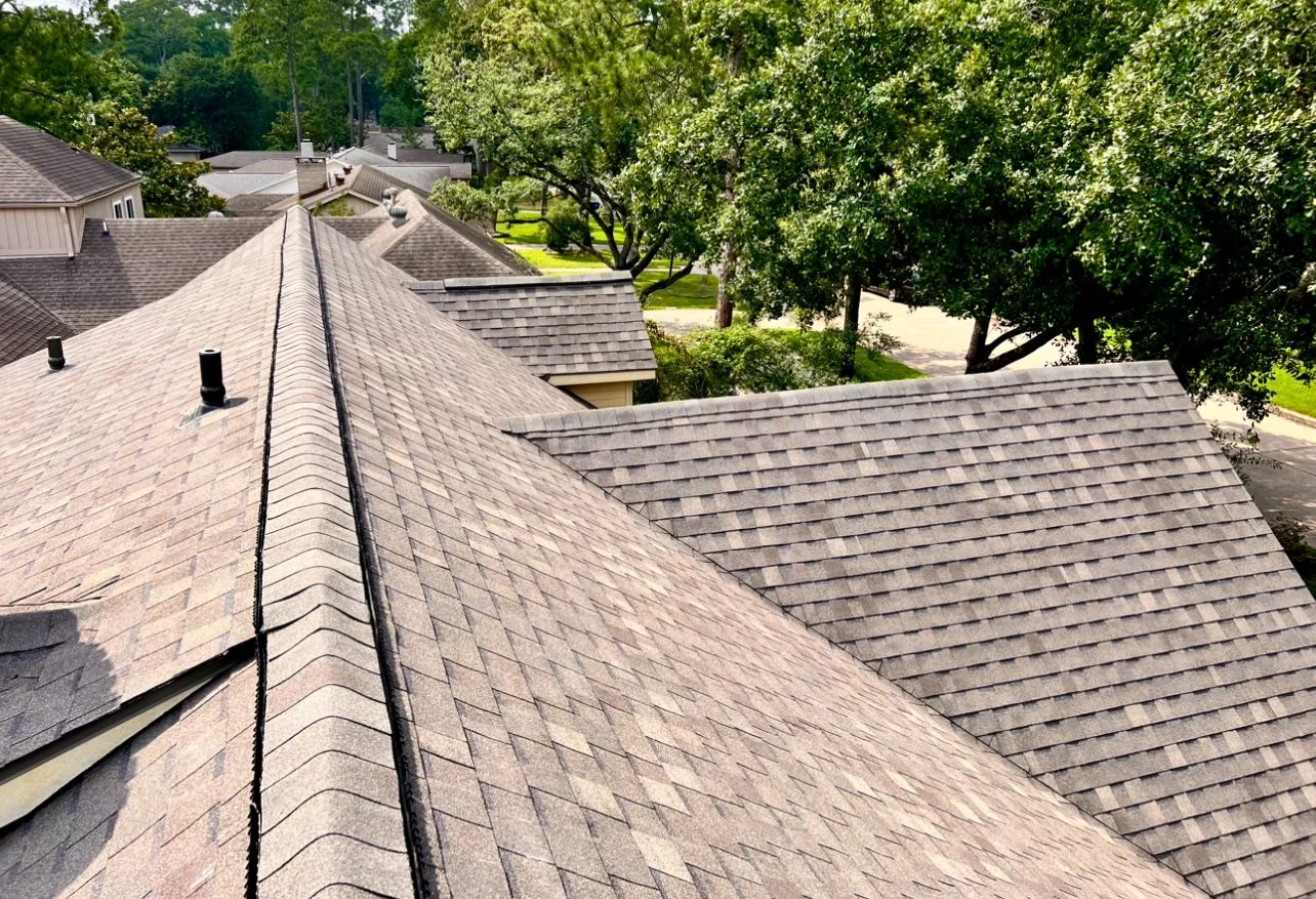 View of several residential rooftops with asphalt shingles and nearby green trees in a suburban neighborhood.