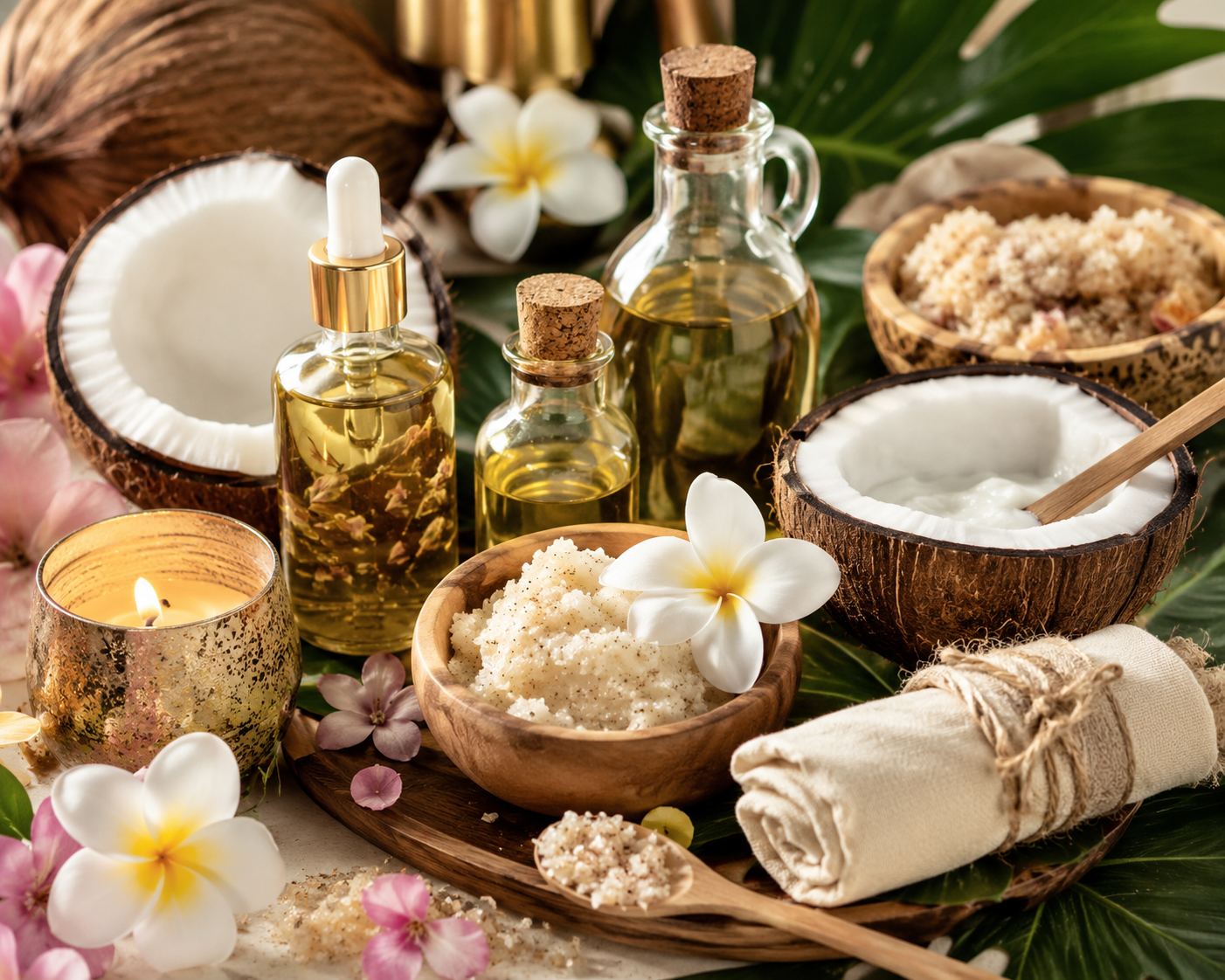 massage oils, body scrub, candle and coconut used in Ocean & Earth Wellness massage treatments