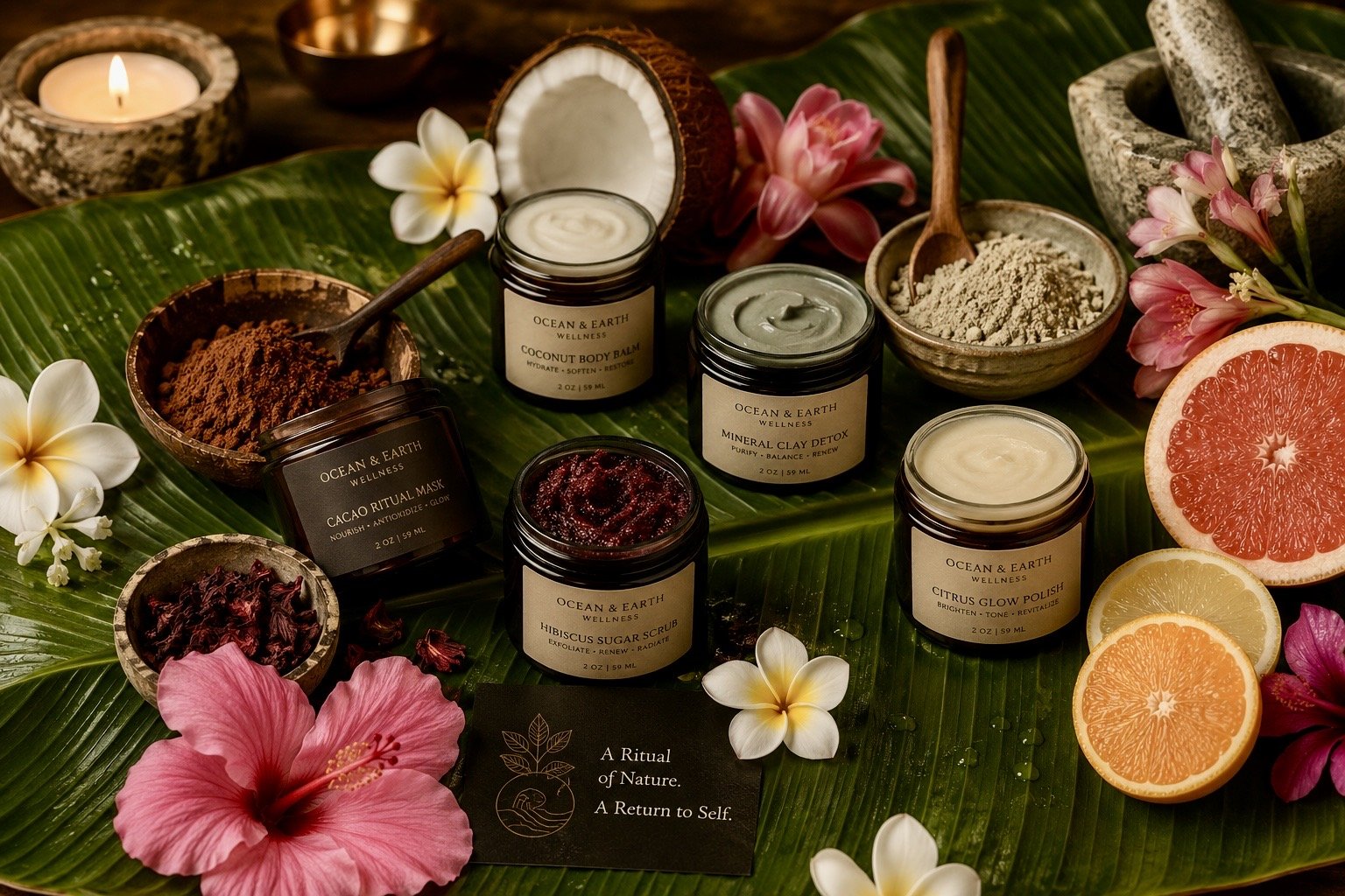 Cut coconut with plumeria and hibiscus flowers beside Ocean & Earth Wellness Signature Spa products