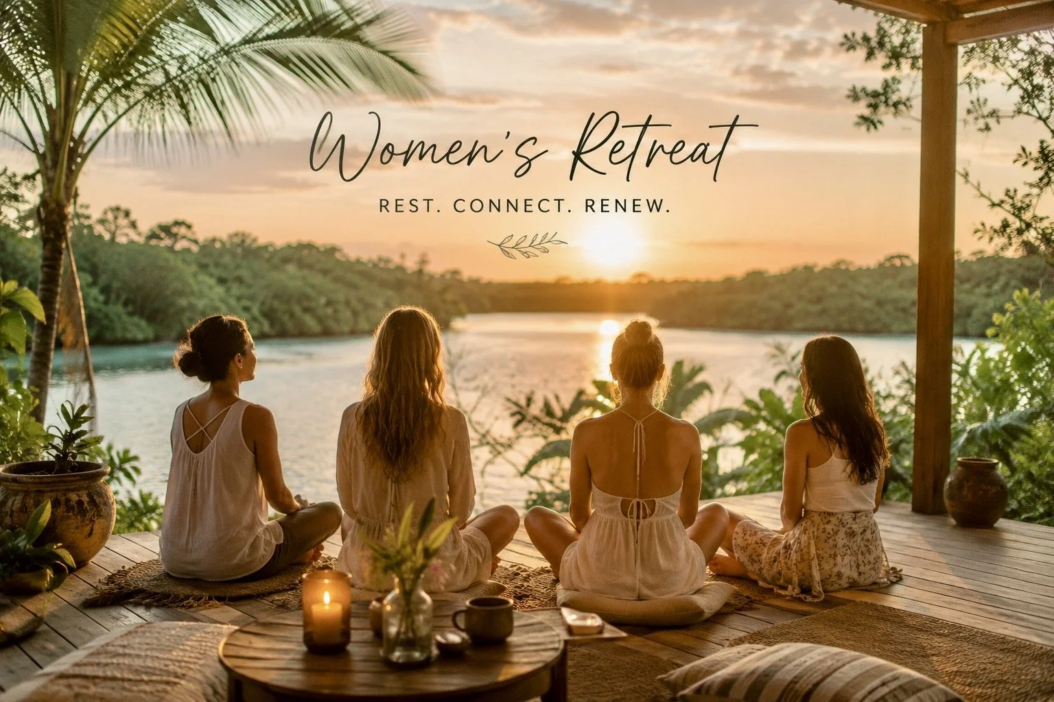 Four Women watching the sunrise over the water at the Rise & Remember women's retreat