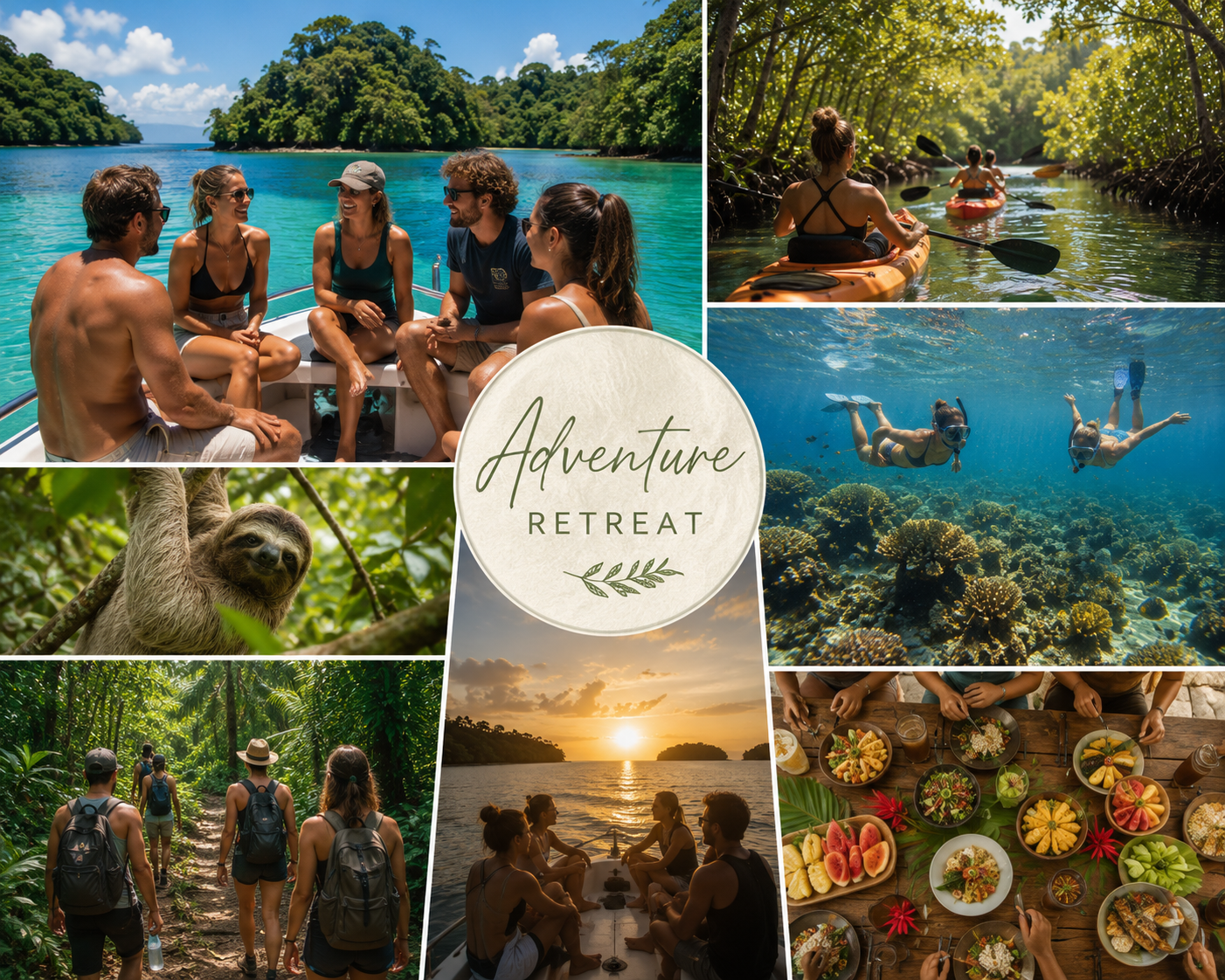 Collage of Wild Earth Retreat activities in Panama: kayaking, hiking, snorkeling, sloth sightings and fresh meals