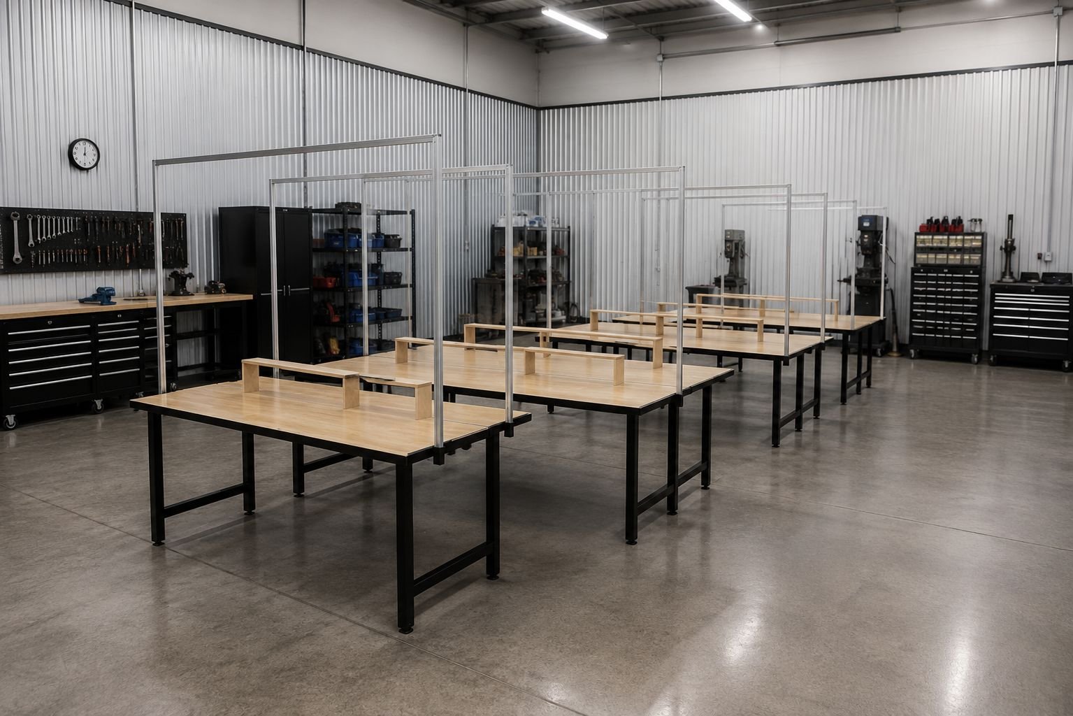 Custom fabricated work tables made from steel, aluminum, and wood, built for strength, versatility, and reliable performance in shop, industrial, and commercial settings.