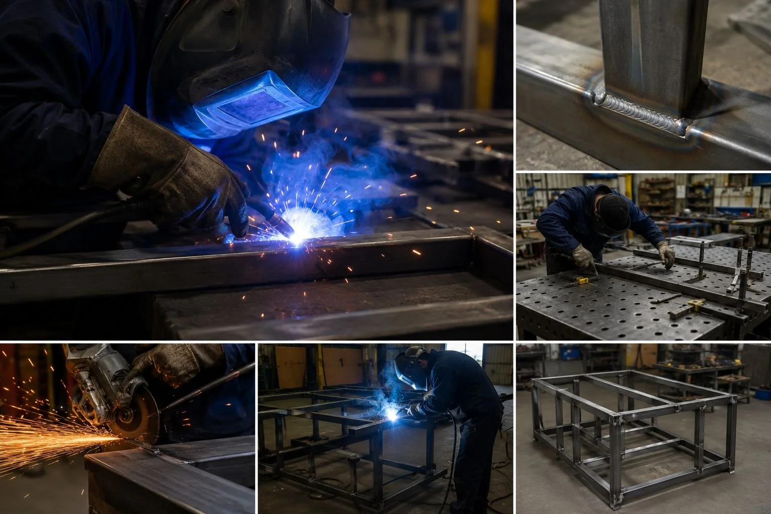 Various scenes of metalworking and welding in a workshop, including welding, sanding, and assembling metal frames.