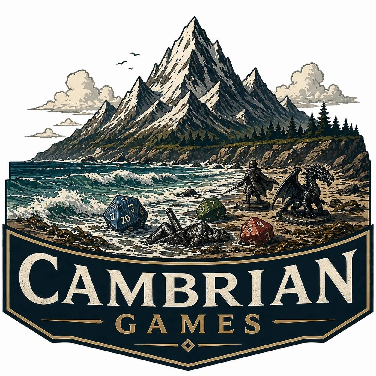 Illustration of a mountainous coastal landscape with rolling waves, fantasy game characters including a knight and a dragon, and colorful dice, with the text "Cambrisan Games" at the bottom.