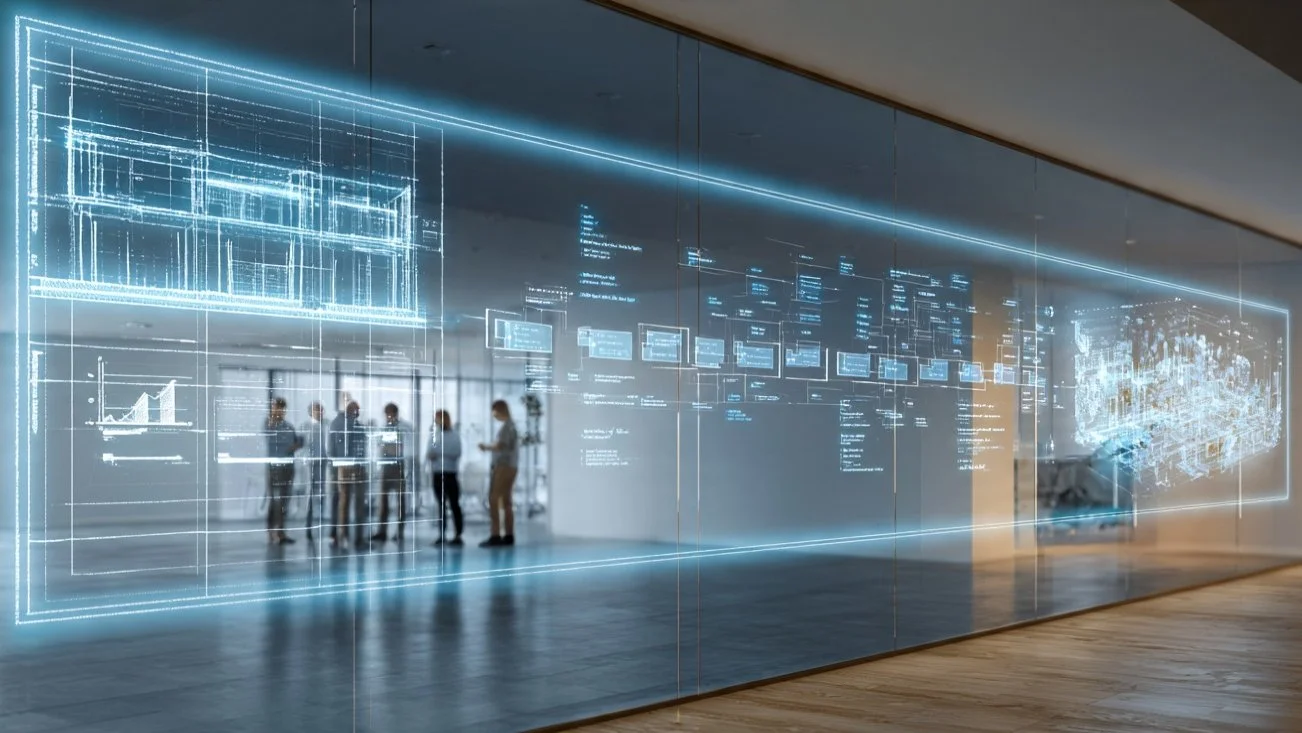 A group of people standing and talking inside a modern building with a large glass wall displaying holographic digital blueprints and data visualizations.