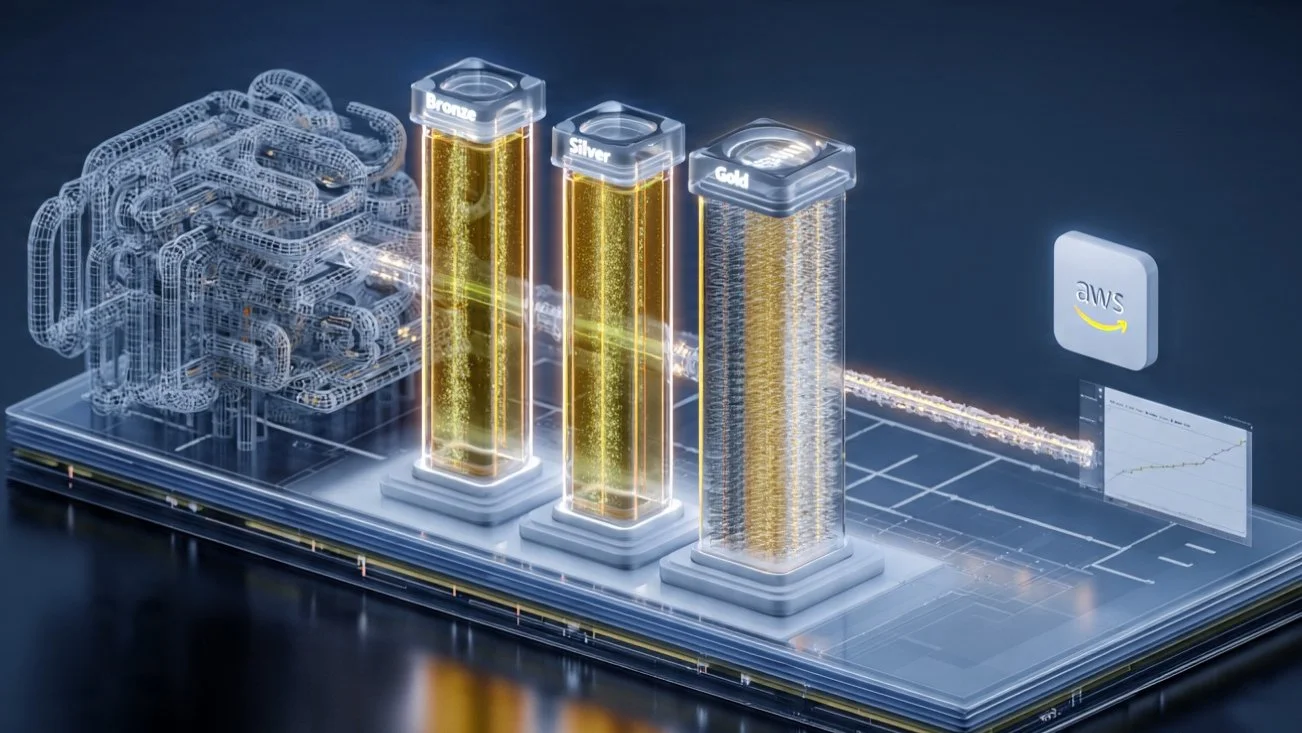 Digital illustration of three glowing gold, silver, and bronze bars representing different levels of achievement, connected to an industrial blockchain network with cloud and graph elements.