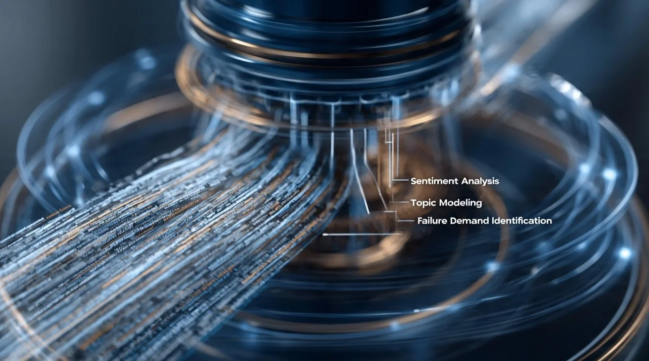 A digital visualization of data analysis concepts with labels for Sentiment Analysis, Topic Modeling, and Failure Demand Identification, overlaid on a high-tech, sleek background with swirling lines and digital elements.