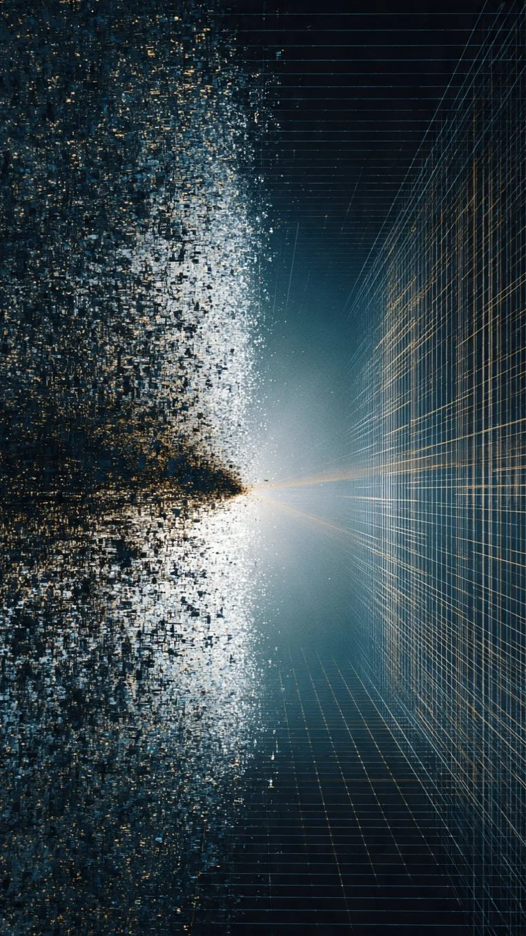 Abstract digital art with gridlines on the right side and a chaotic explosion of particles on the left, converging toward a bright point in the center.