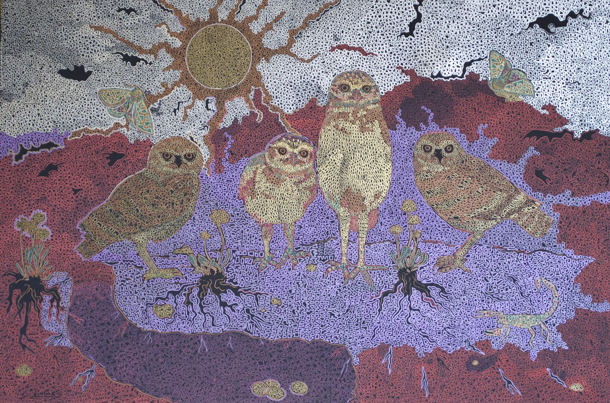 Burrowing Owl Quartet. Acrylic pen on canvas. 24” x 36”. 2024. SOLD.