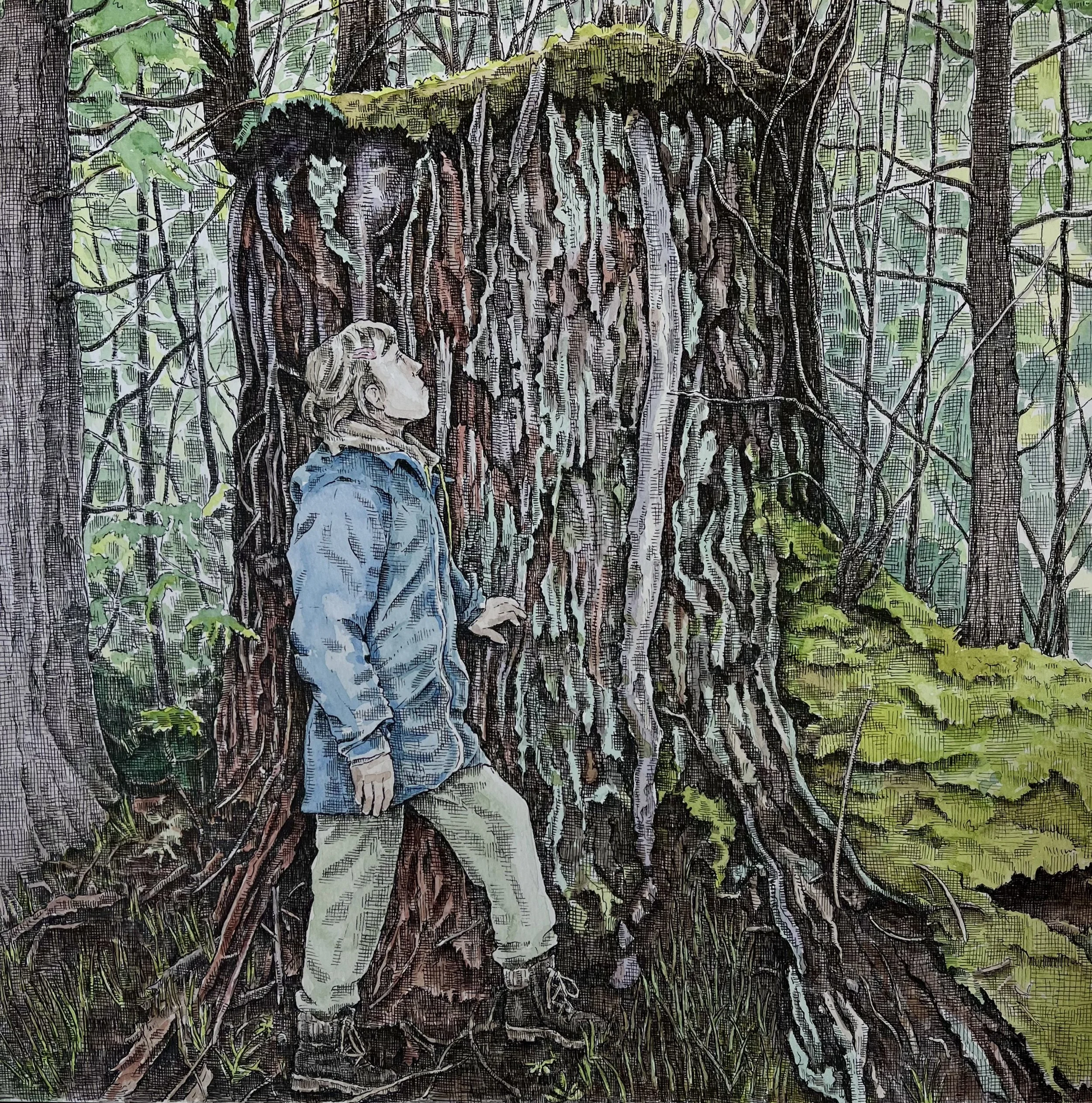 New Mother. Pen and watercolor on paper. 12” x 12”. 2022.