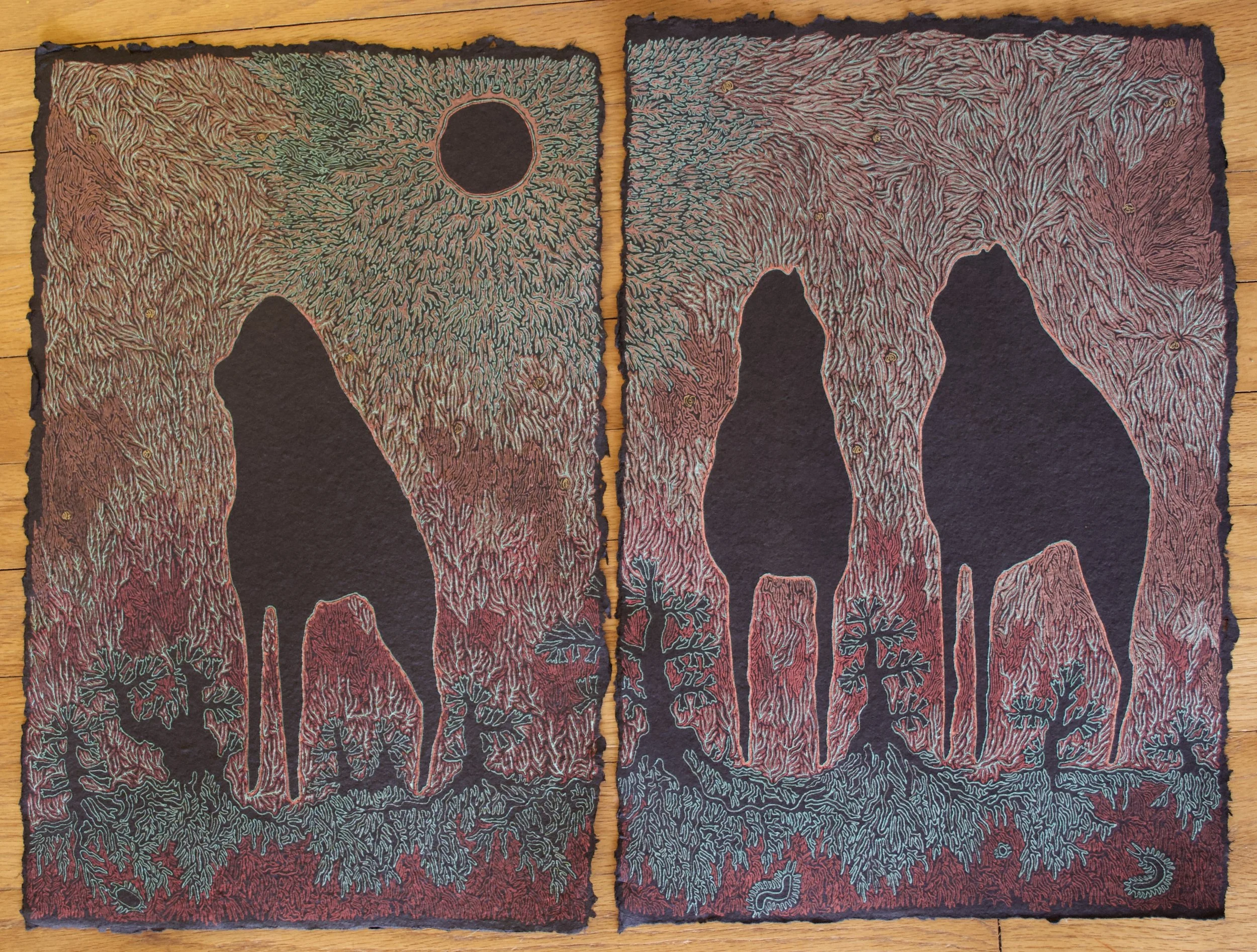Ghost Pronghorn. Acrylic pen on paper. 18” x 24” (diptych). 2025. 
