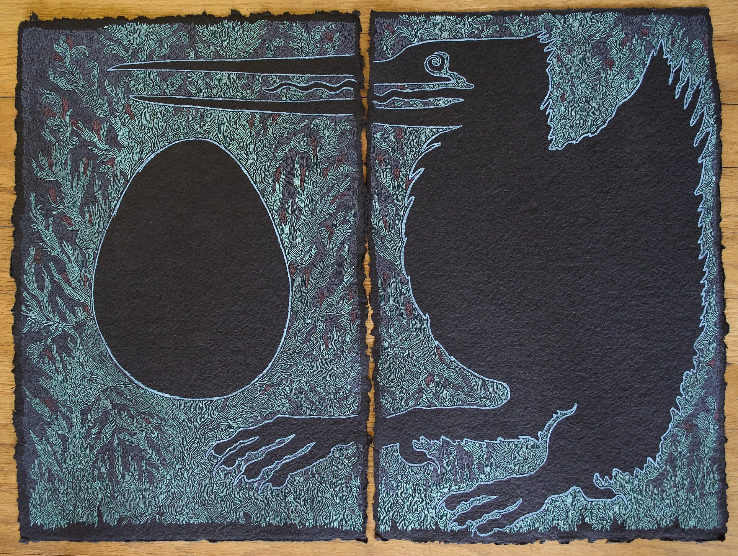 Ghost Grouse. Acrylic pen on paper. 22” x 30” (diptych). 2025.