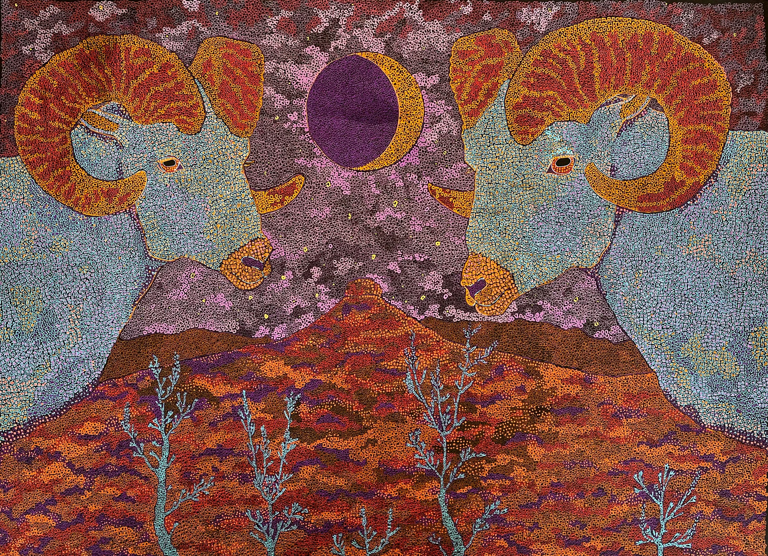 Gemini Bighorn Sheep. Acrylic pen on paper. 22” x 30”.  2023. $1,100 framed.