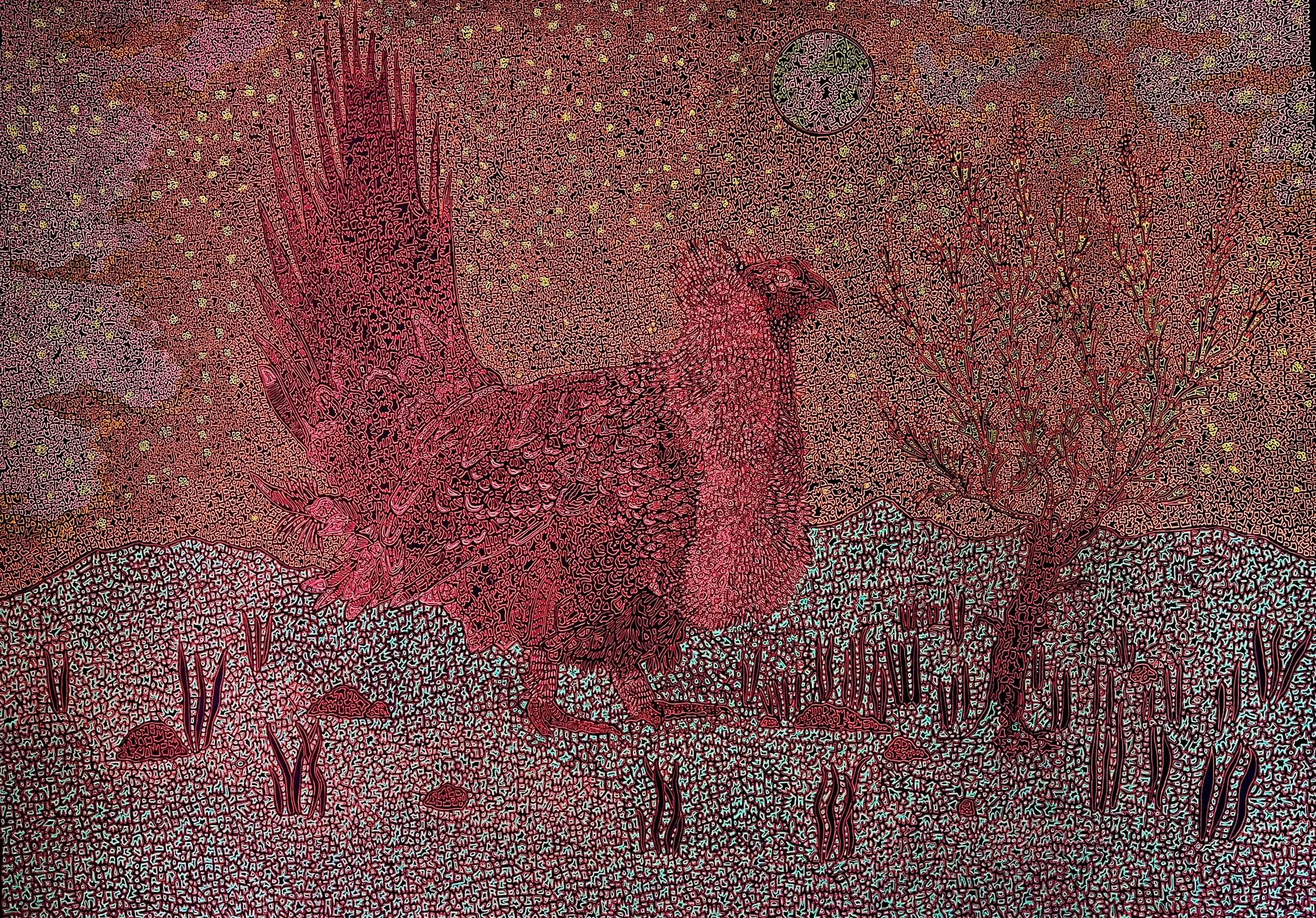 Sage Grouse and Rotten Moon. Acrylic pen on paper. 22” x 30”. 2023.