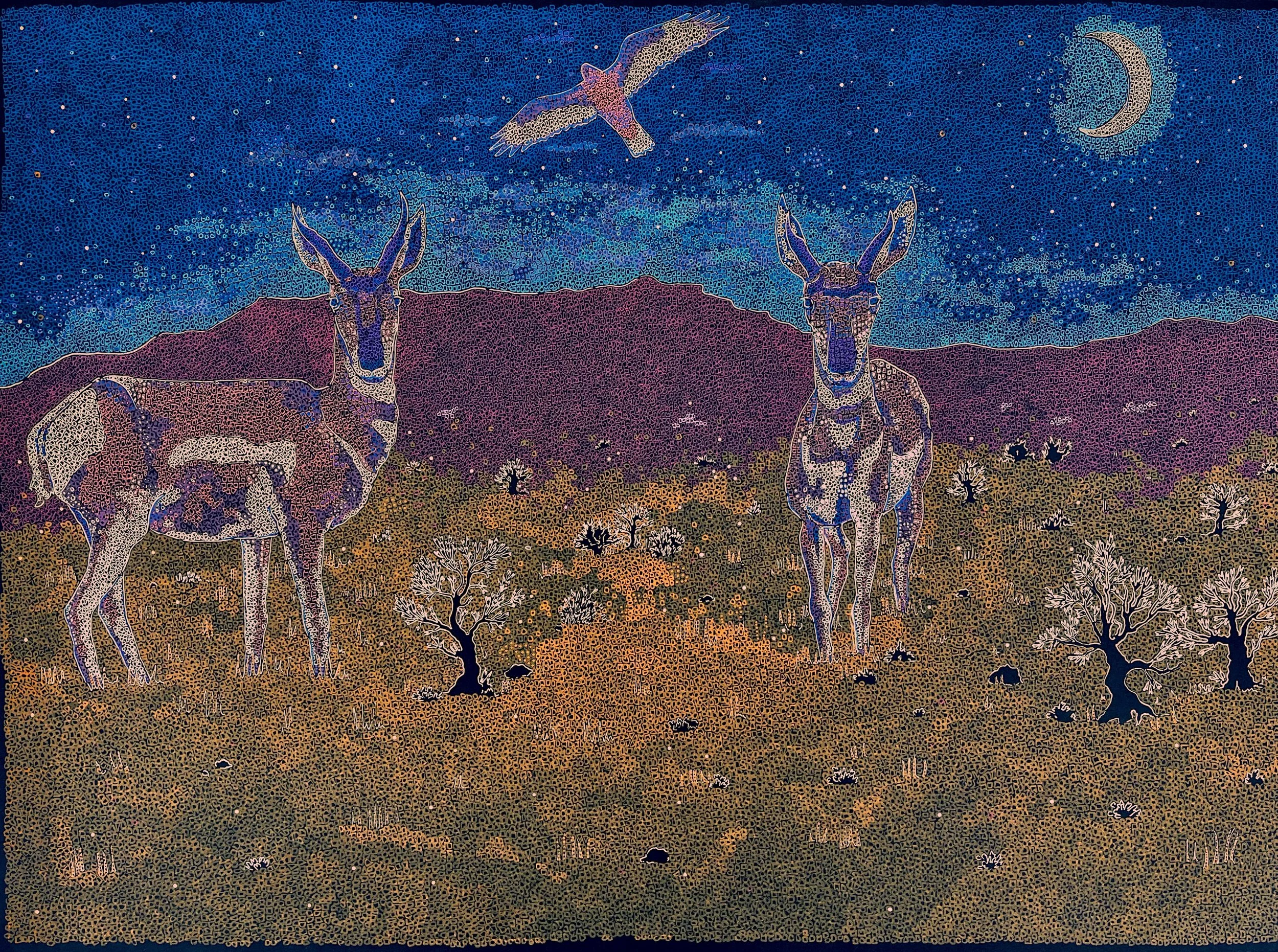 Pronghorn of the Prairie Moon. Acrylic pen on paper. 22” x 30”. 2023. 