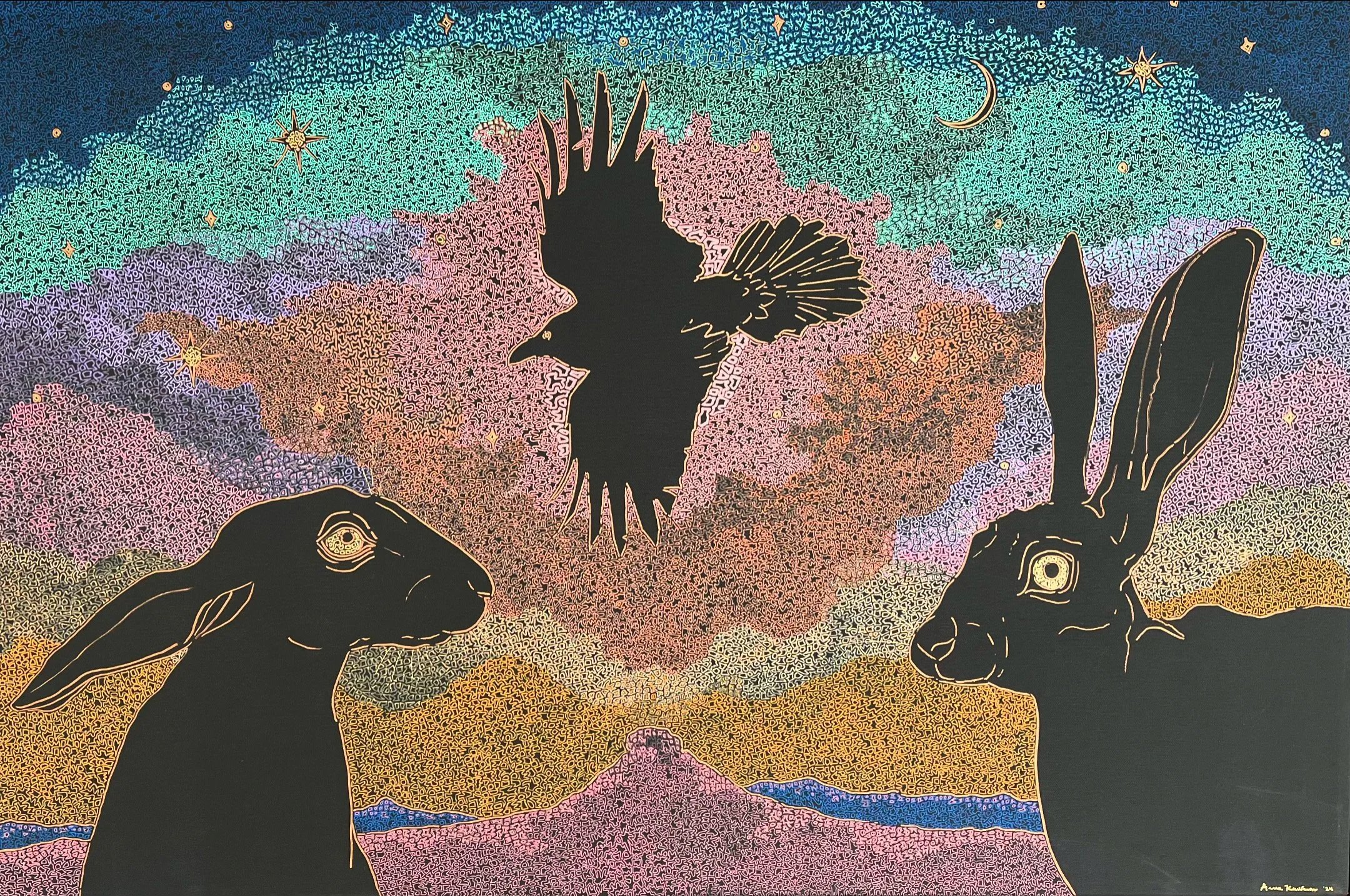Kith & Kin. Acrylic pen on canvas. 24” x 32”. 2024. SOLD.