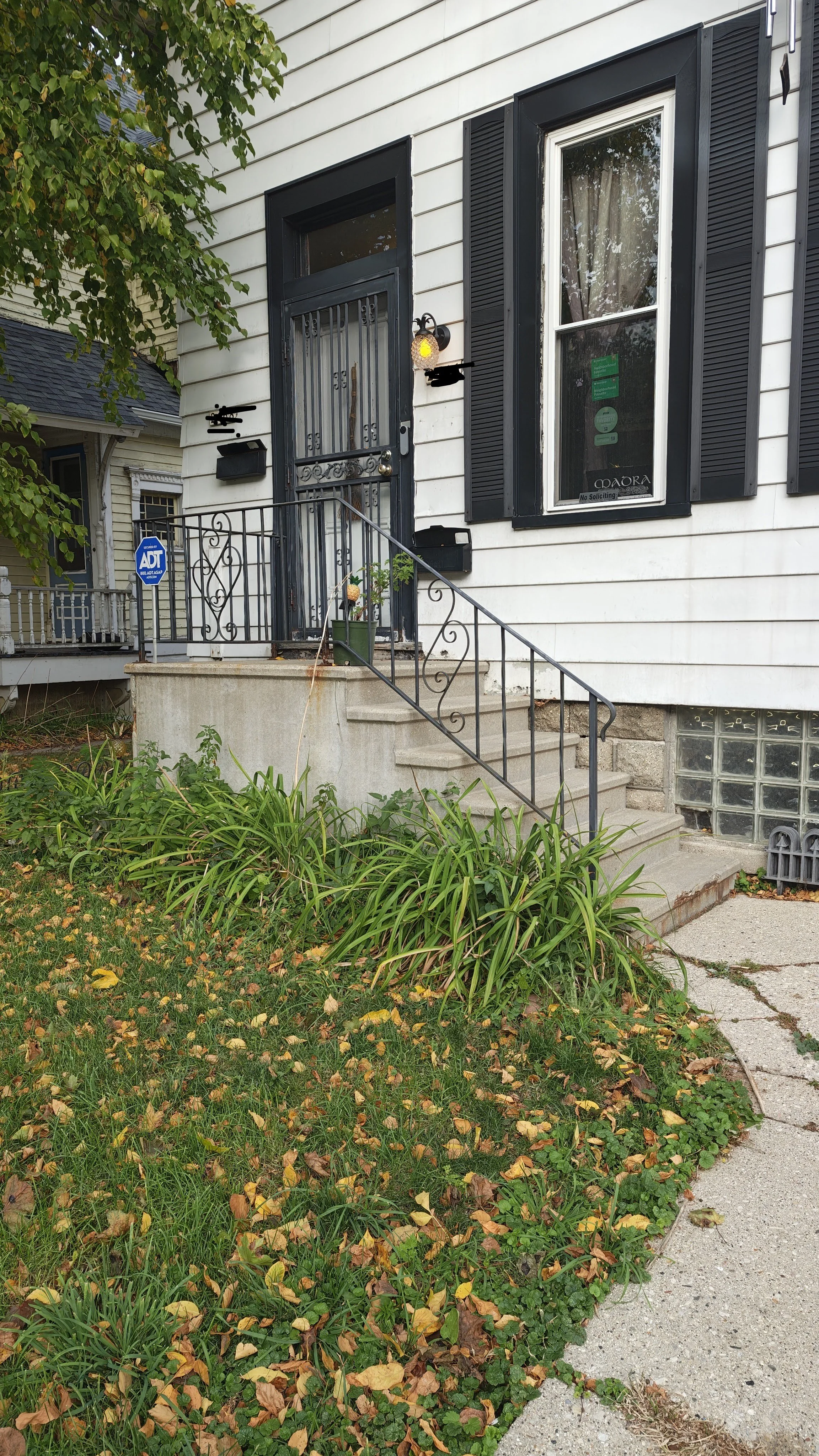 Front porch of a white house with black shutters, a black metal staircase, and a small garden with fallen leaves.
