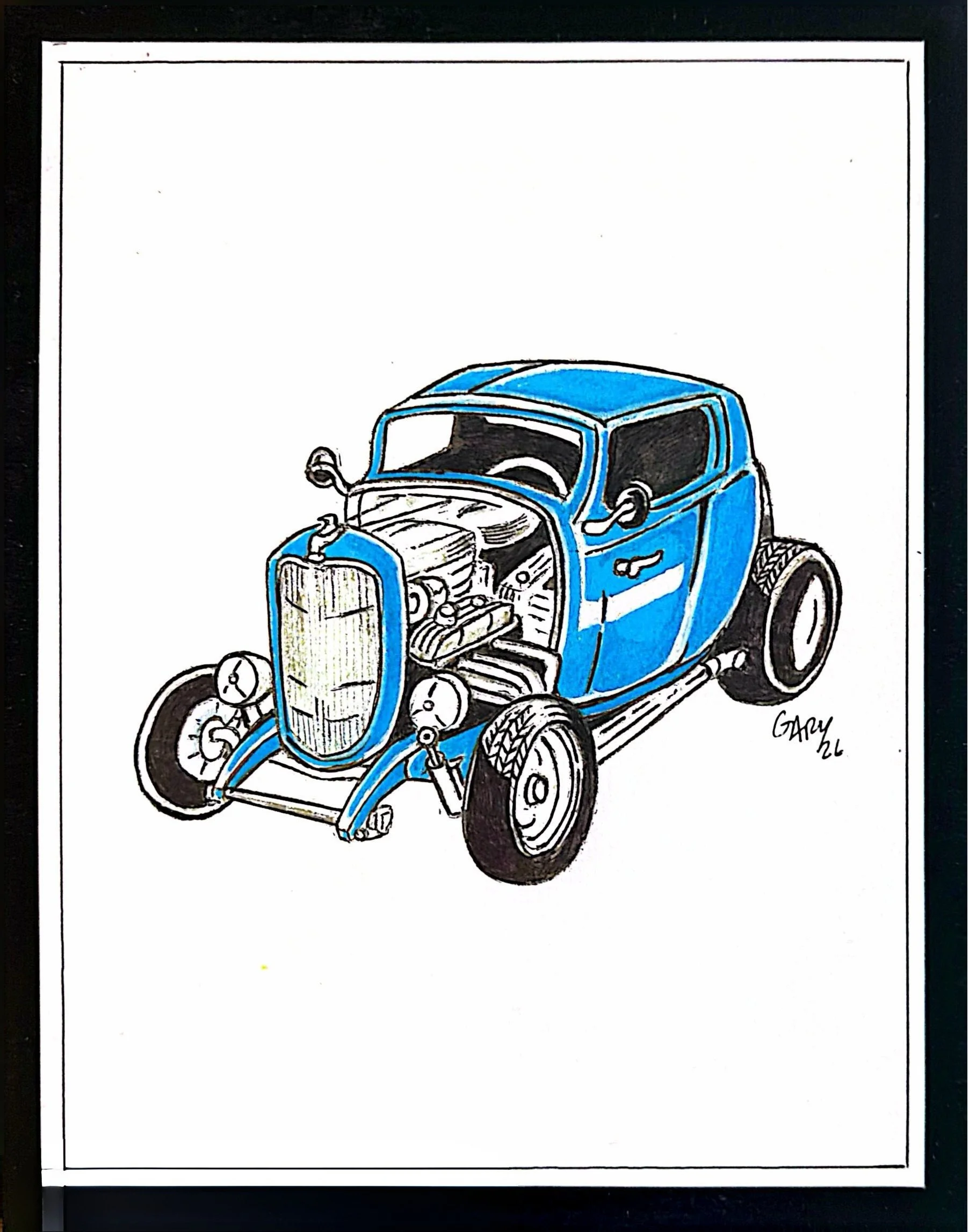 A line drawing of a vintage blue car with its hood open, showing the engine. The drawing is signed by Gary 26.