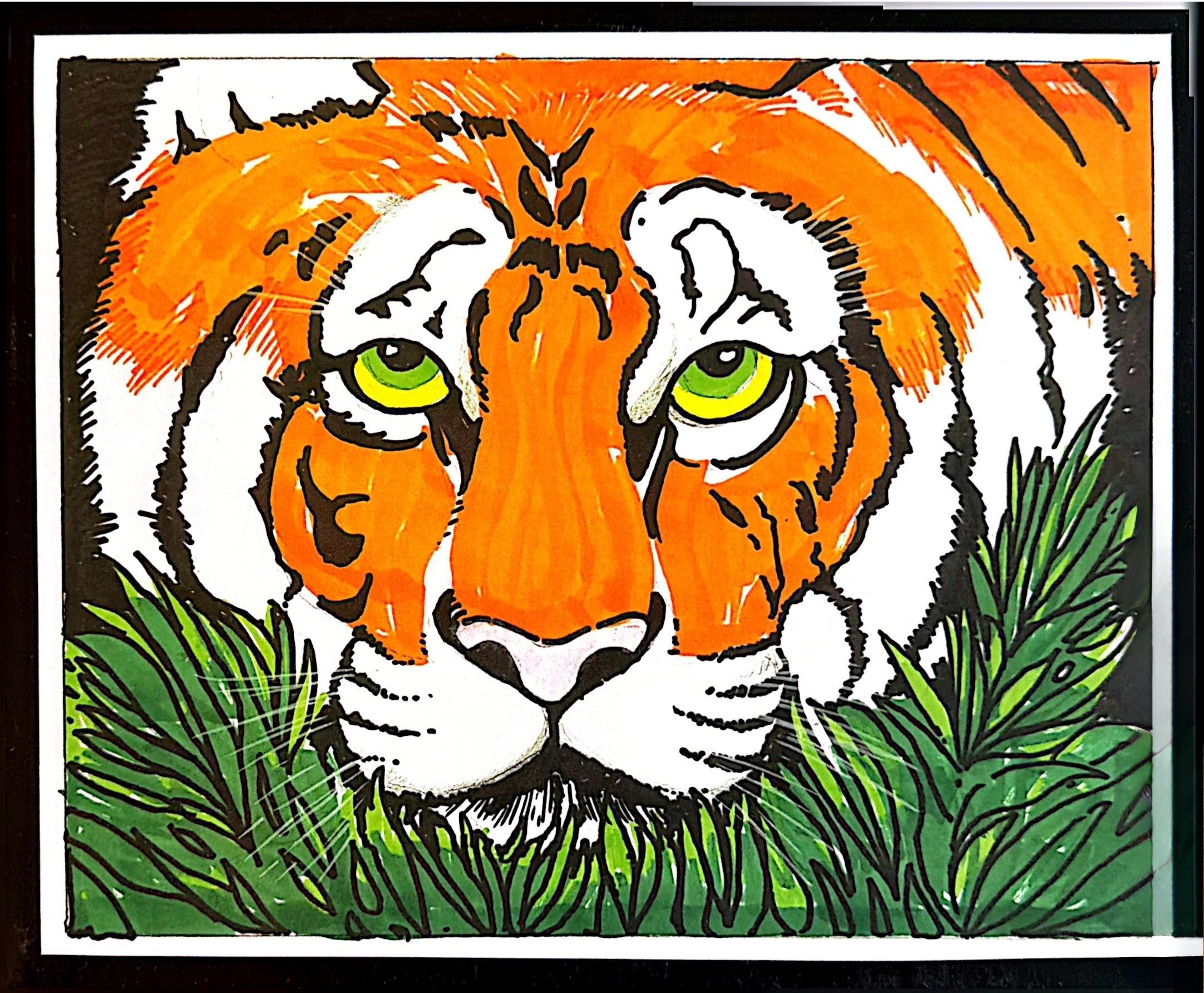 Colorful illustration of a tiger's face with green eyes, surrounded by green foliage.
