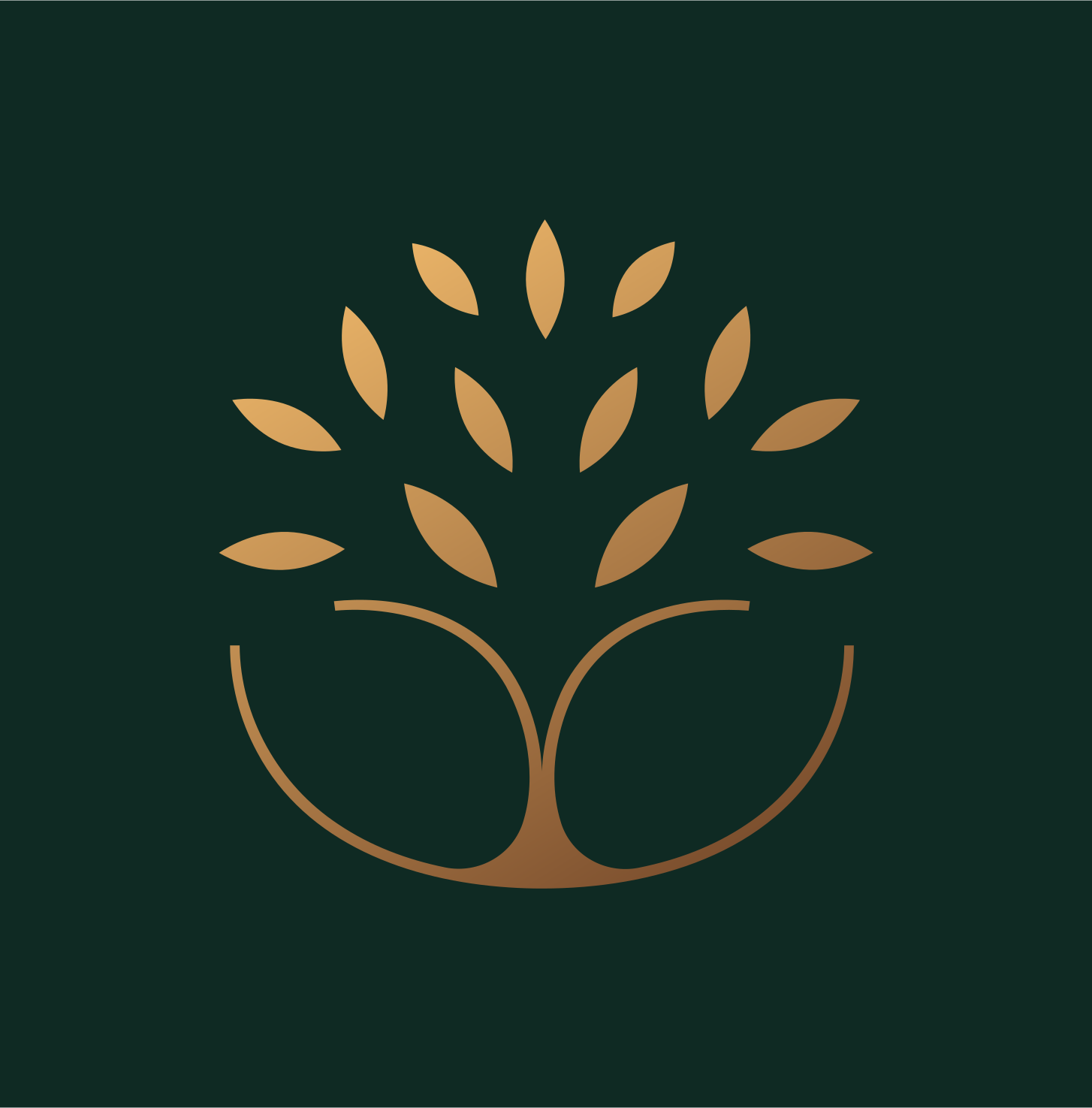 Stylized logo of a tree with leaves in a circular frame, gold color on a dark green background.