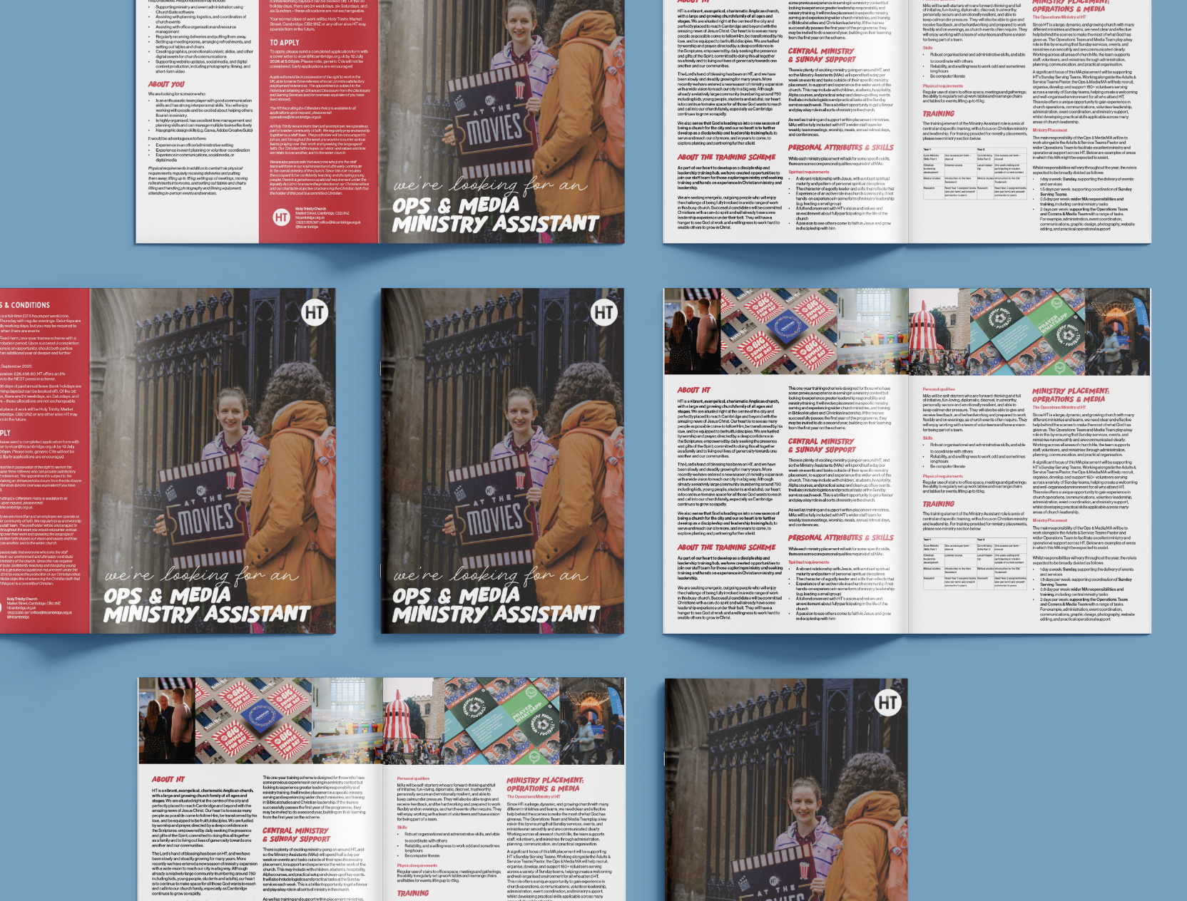 Four brochure pages for a church ministry, featuring a young girl holding a movie clapboard and a smiling woman in an orange coat, with colorful images of church activities, promotional materials, and text describing the ministry.