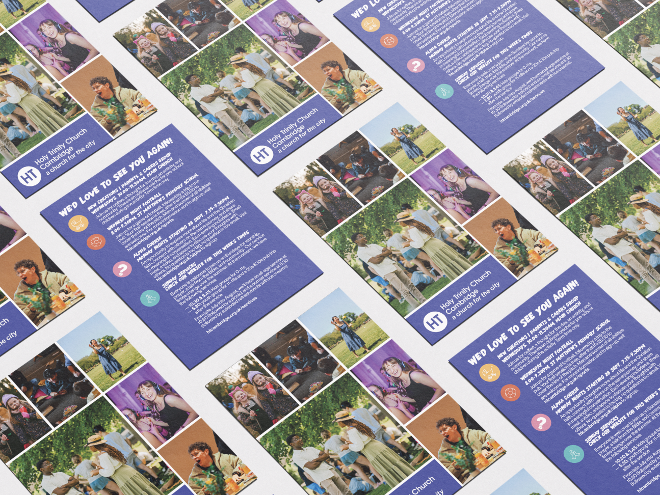Flyers for Holy Trinity Church in Cambridge, promoting their children's church activities, summer sports, and weekly services, with photos of children and adults at church and outdoor events.