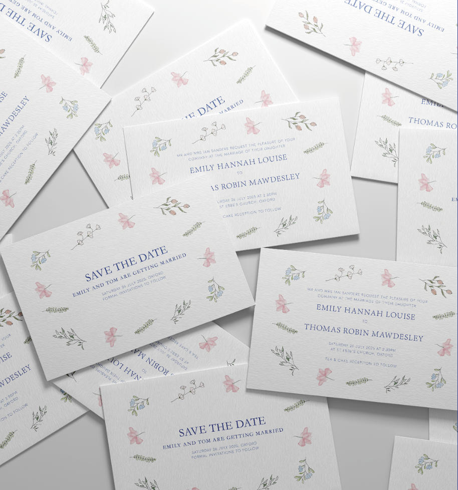 Collection of wedding invitations with floral designs and blue text, including 'Save the Date' and detailed wedding information.