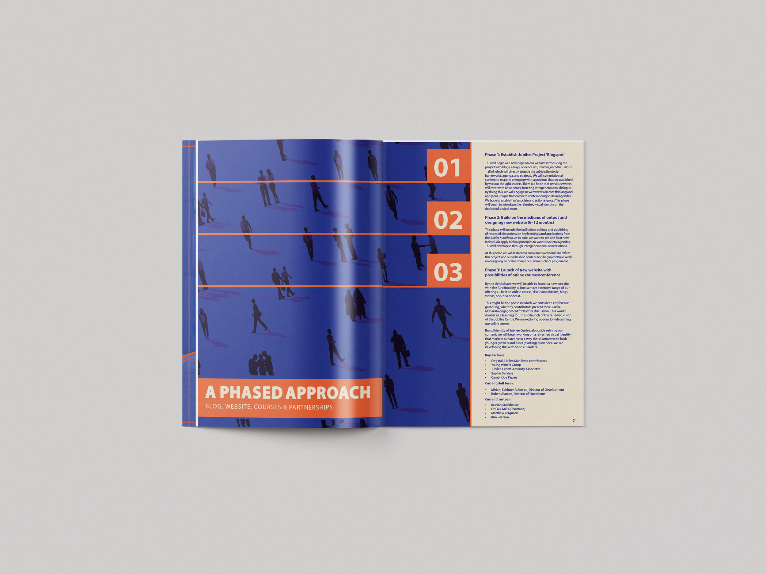 Open magazine displaying pages with a graphic of people in shades of blue and orange, numbered sections, and text about a project or event timeline.