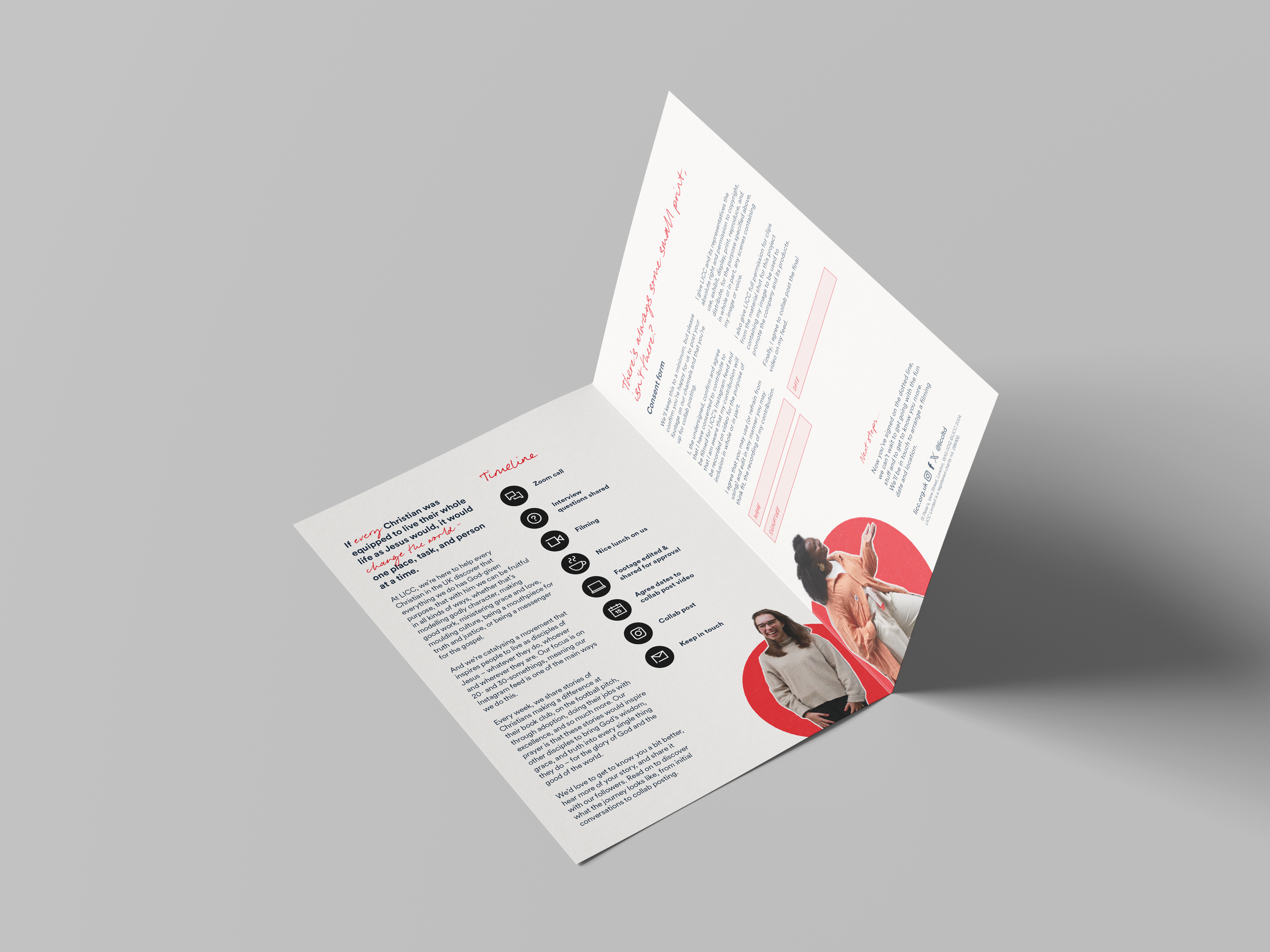 A newsletter or flyer featuring text, images of two women, and icons representing Zoom call, interview questions, filming, and social media actions, all on a light gray background.