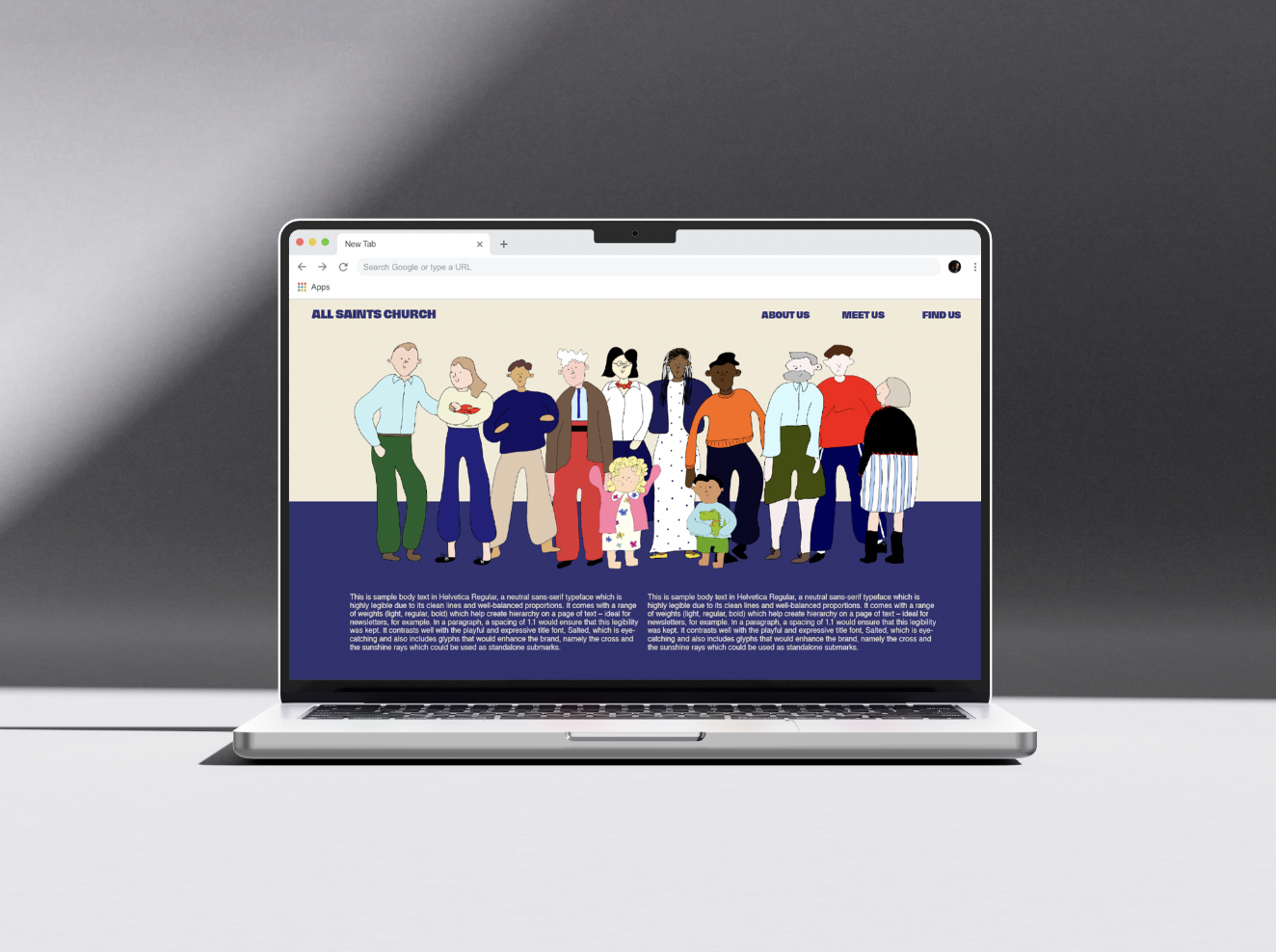 A webpage displayed on a laptop screen showing an illustrated diverse group of people standing together, with text about All Saints Church at the top.