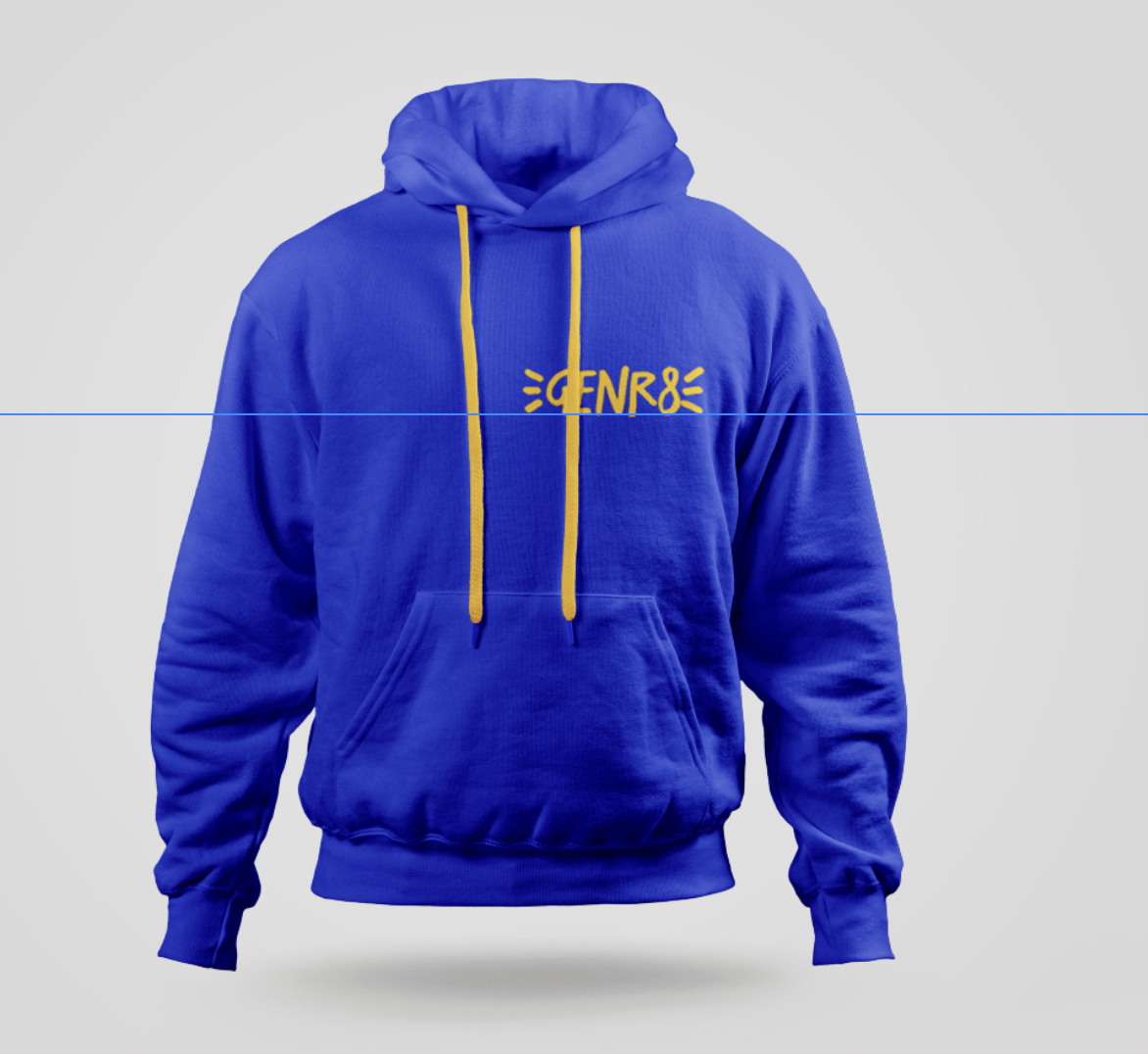 Blue hoodie with yellow drawstrings and the text 'ENR8' printed in yellow on the front.