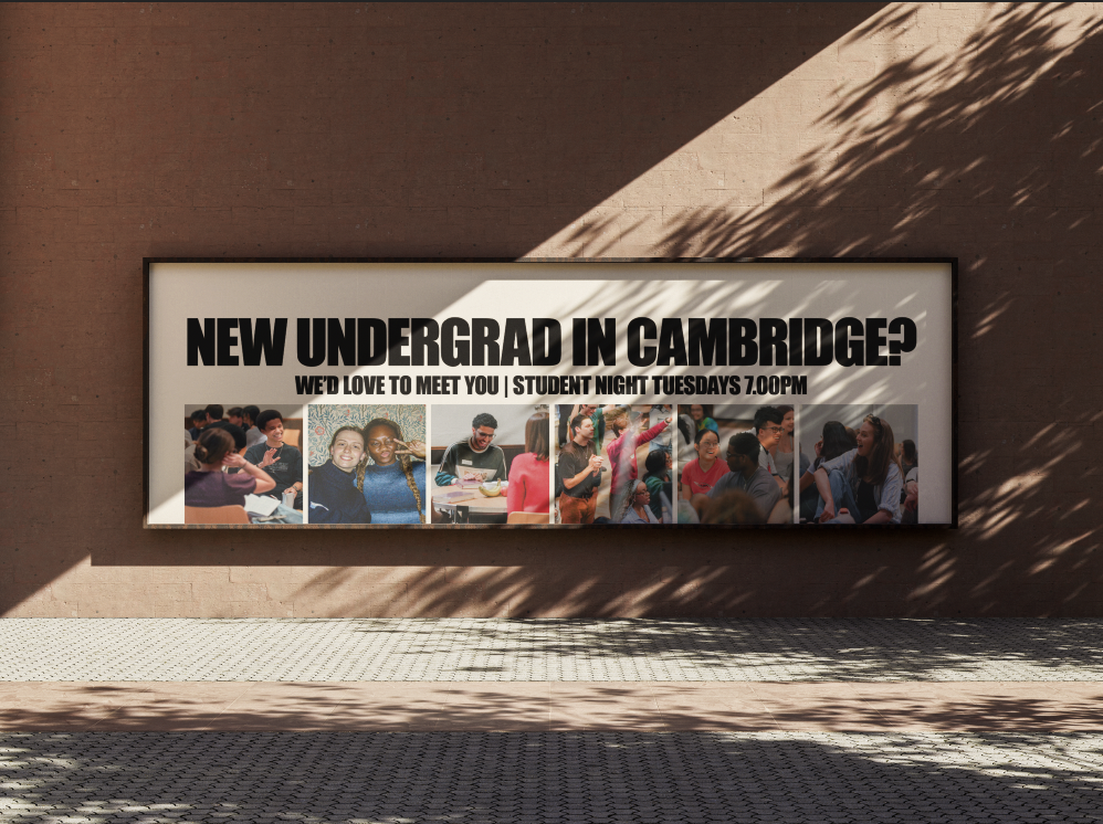Billboard advertising a student event with photos of diverse students and text promoting a new undergrad in Cambridge, with details about a student night on Tuesdays at 7:00 PM.