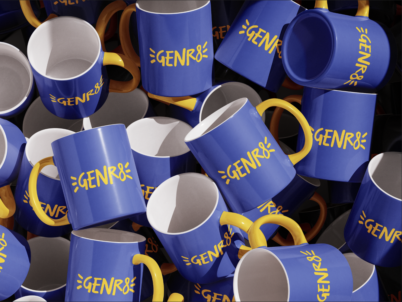 A pile of blue ceramic mugs with yellow handles, each featuring the word 'GENRE' in yellow with stylized lines around it, arranged randomly with some mugs stacked and some lying on their sides.