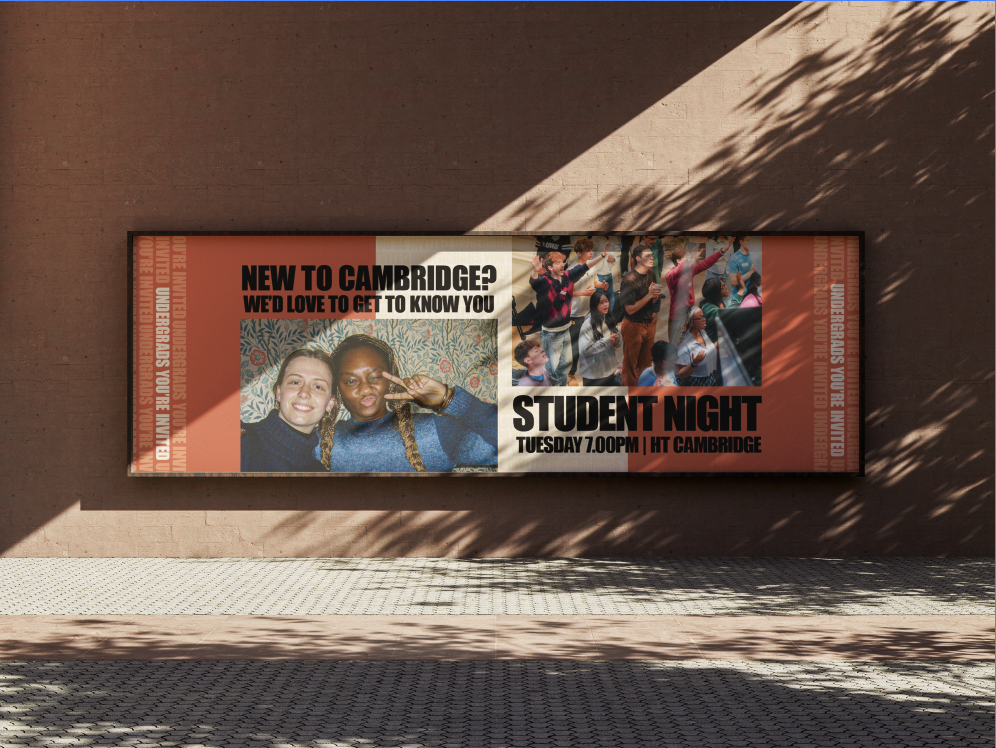 A billboard advertising a student night event in Cambridge, features photos of smiling students and text indicating the event is on Tuesday at 7:00 PM at LHT Cambridge.