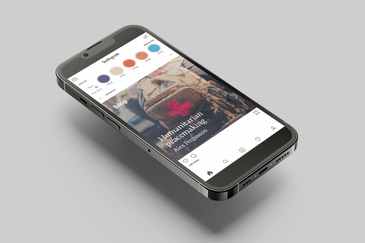Smartphone displaying an Instagram post about humanitarian peacemaking with a background image of a person wearing a tactical vest with a red cross patch.