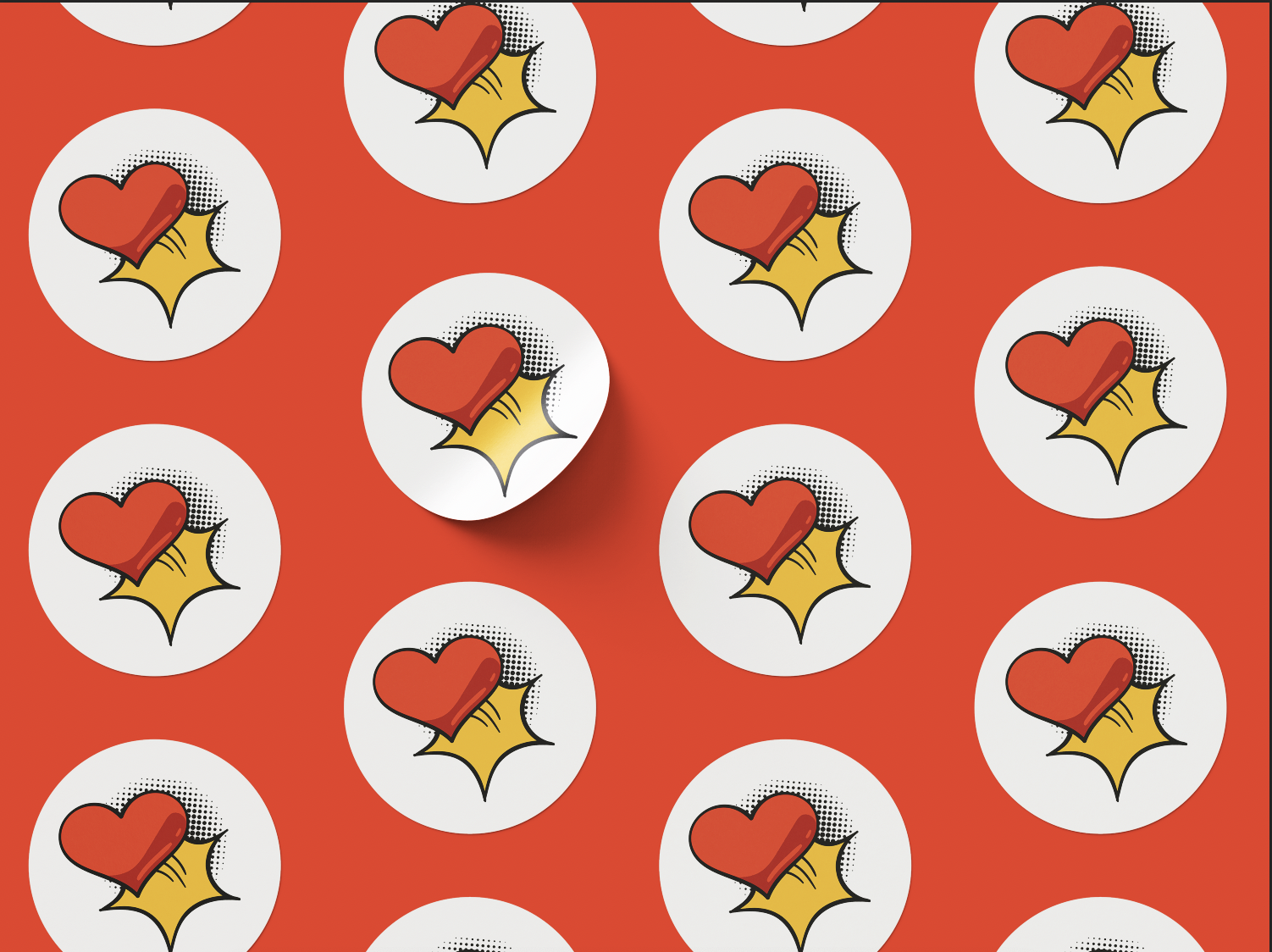 Pattern of cartoon-style red hearts with yellow starbursts on white circles, set against a red background.