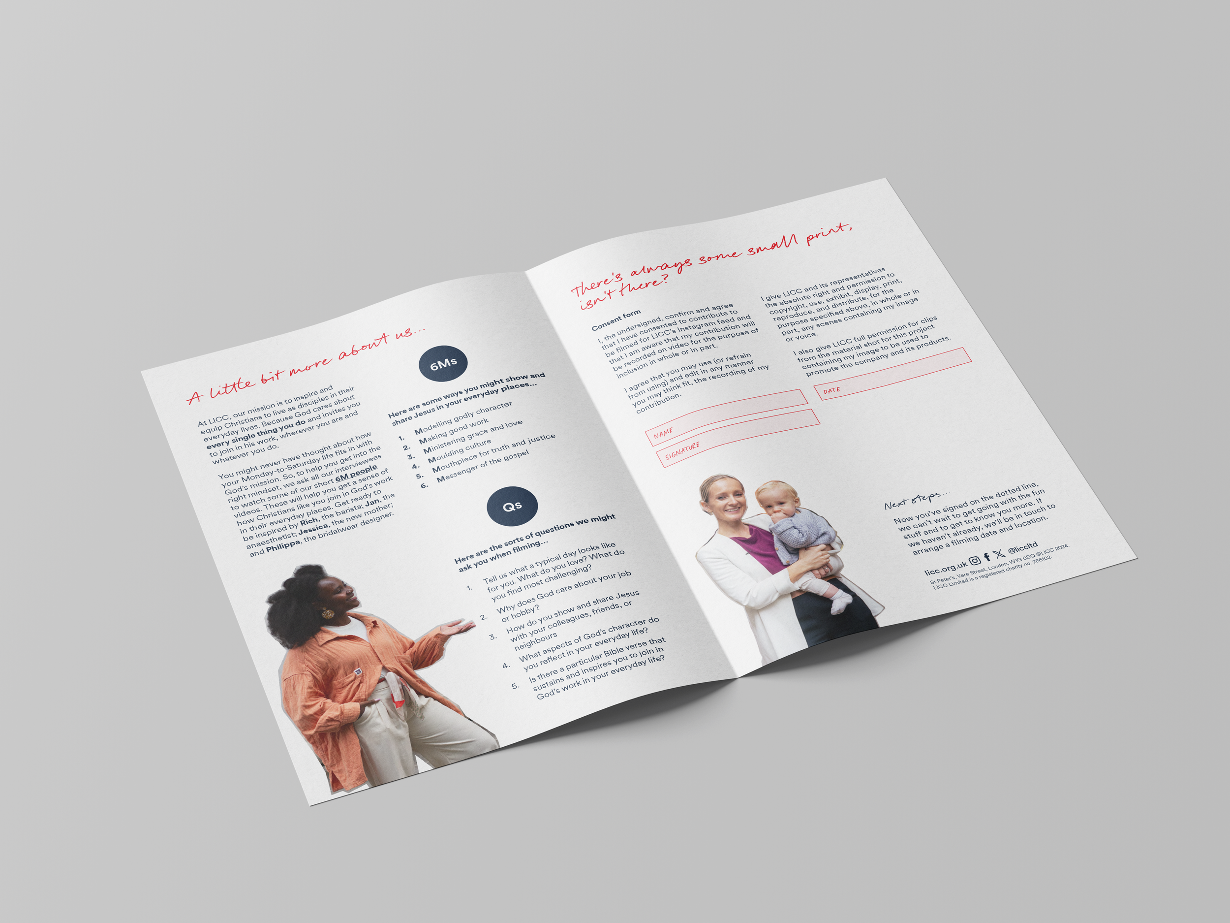 An open brochure with religious and community content, featuring red and black text, images of smiling women and children, and spaces for signatures and dates.