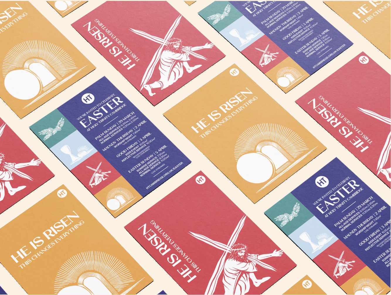 A collection of Easter-themed flyers with various colors and designs, featuring religious images such as a man carrying a cross and imagery of sunrise and eggs, promoting Easter services and events.