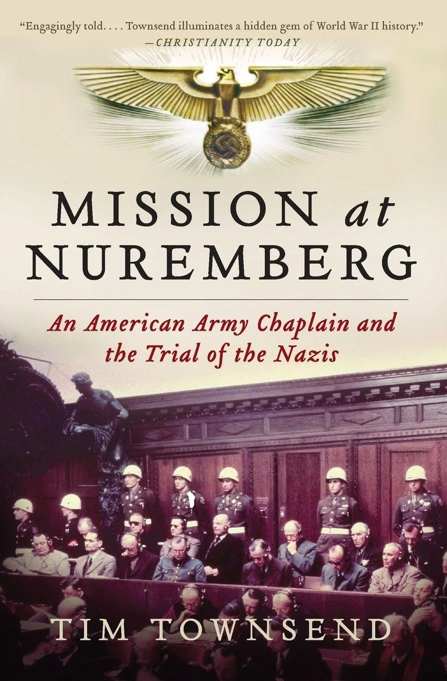 Book cover titled "Mission at Nuremberg" by Tim Townsend, depicting a courtroom scene with trial participants and soldiers.