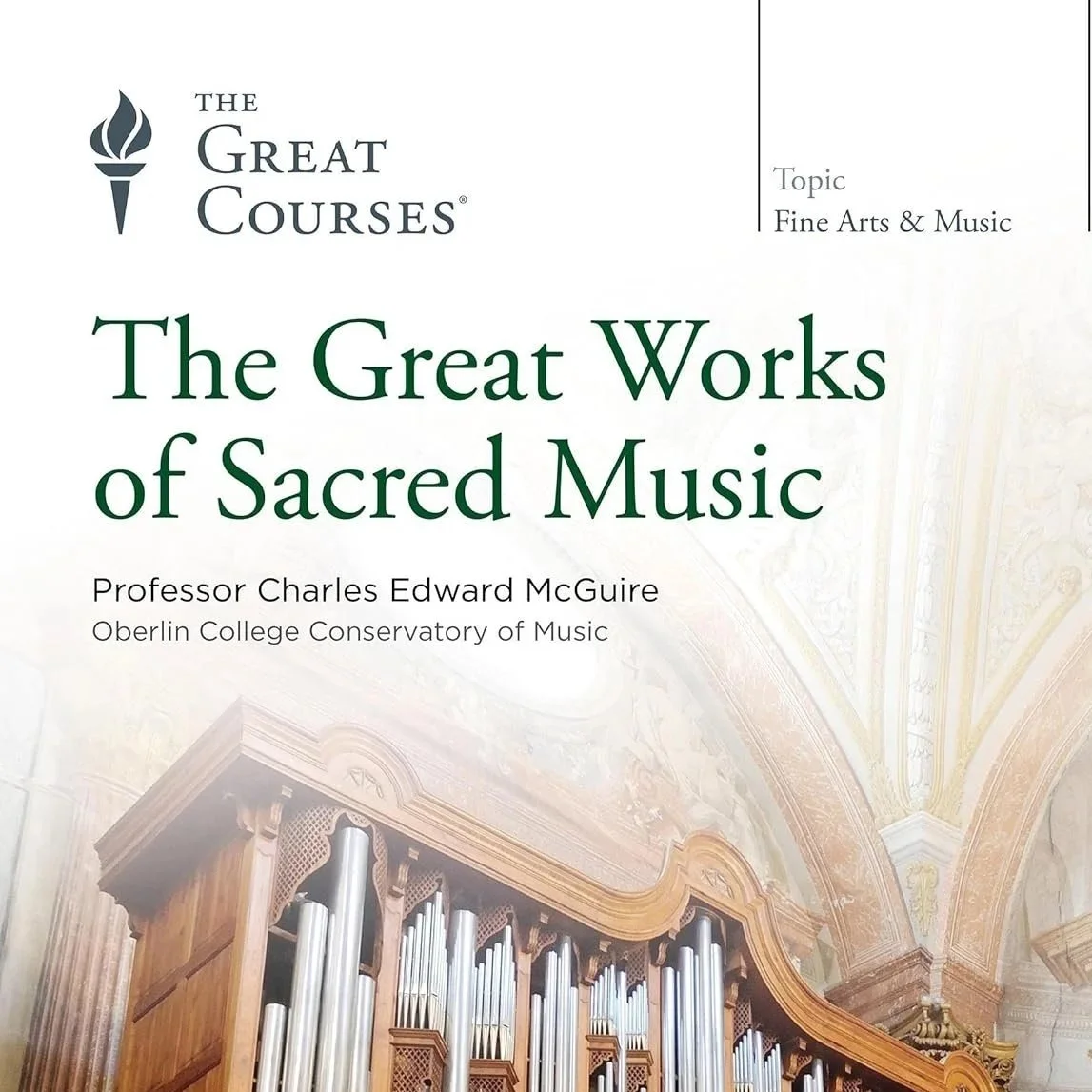 Book cover titled "The Great Works of Sacred Music" by Professor Charles Edward McGuire with an image of a pipe organ in a church or concert hall.